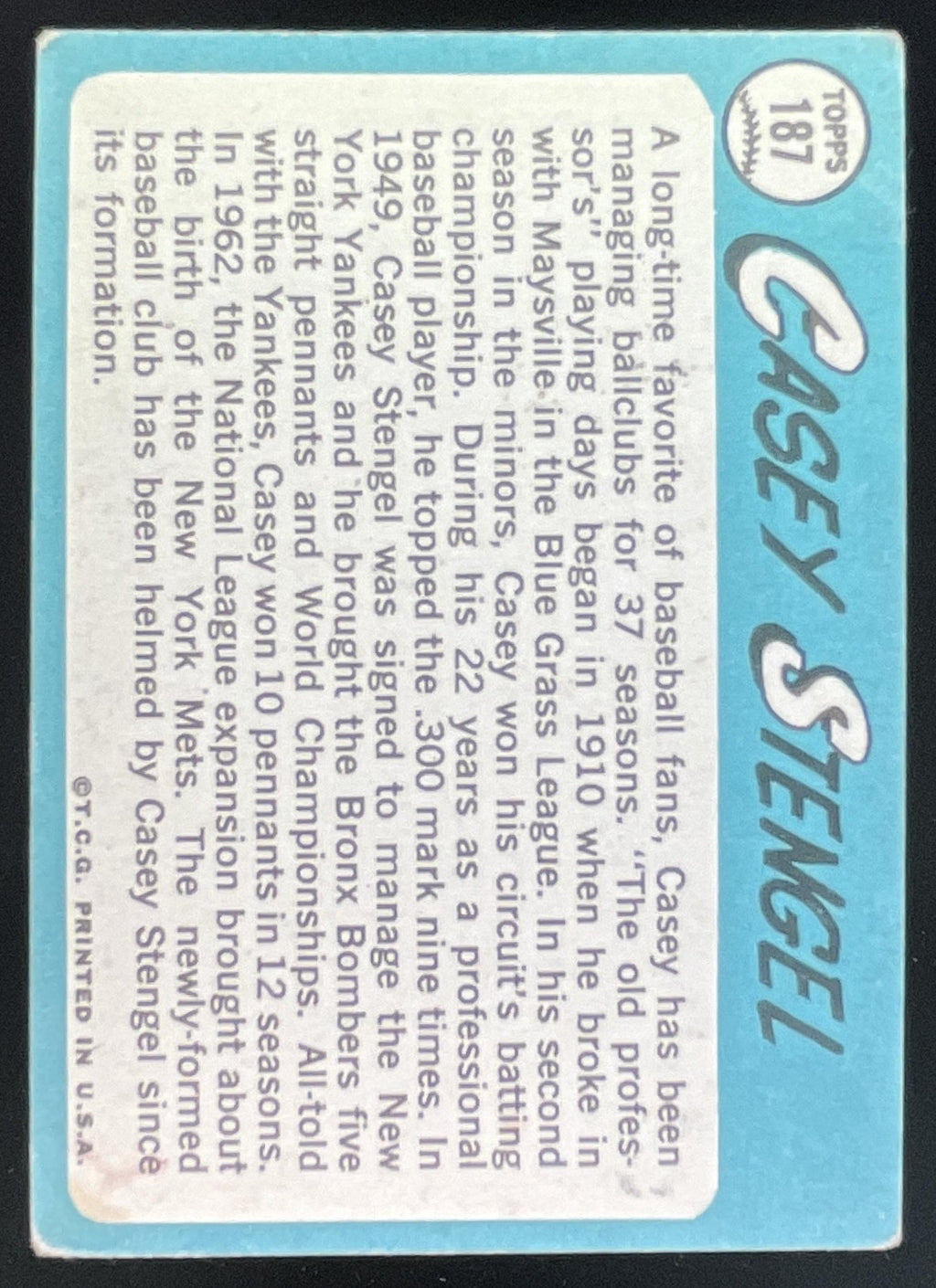 1965 Topps #187 Casey Stengel product image 2, provided for visual reference and product detail review