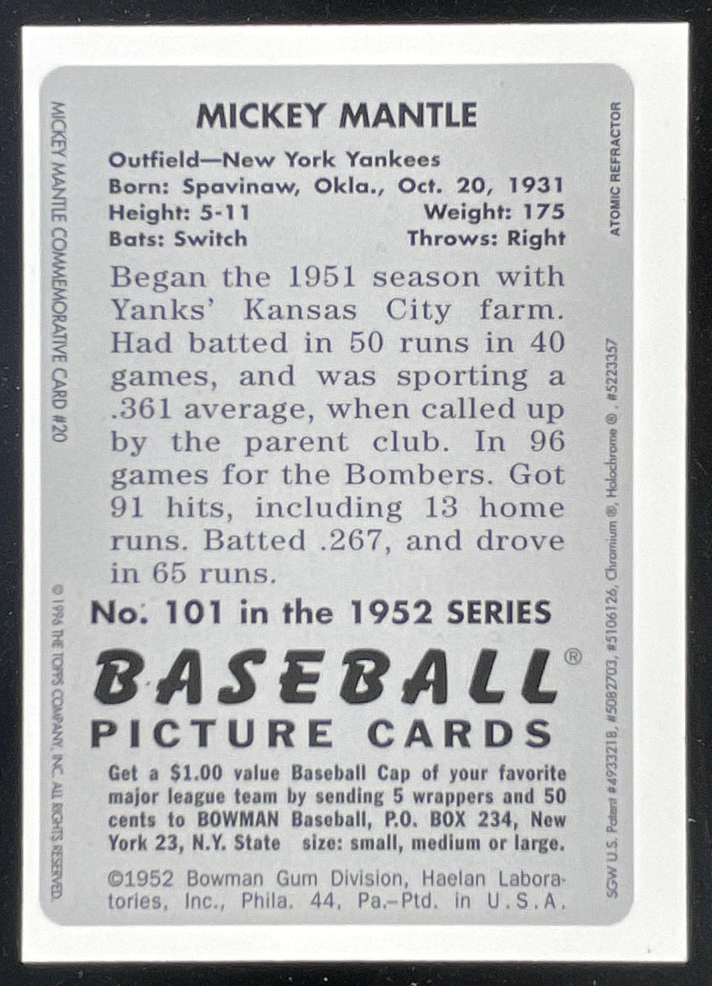1996 Bowman's Best Commemorative Reprint Finest Atomic #101 Mickey Mantle product image 2, provided for visual reference and