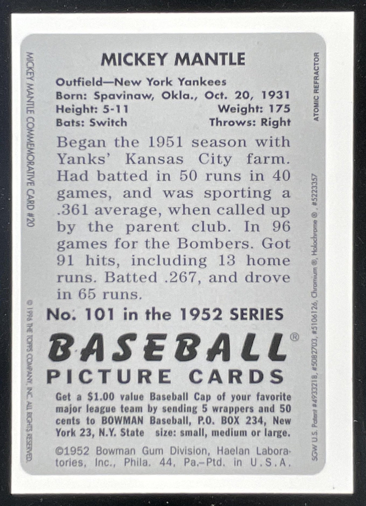 1996 Bowman's Best Commemorative Reprint Finest Atomic #101 Mickey Mantle product image 2, provided for visual reference and