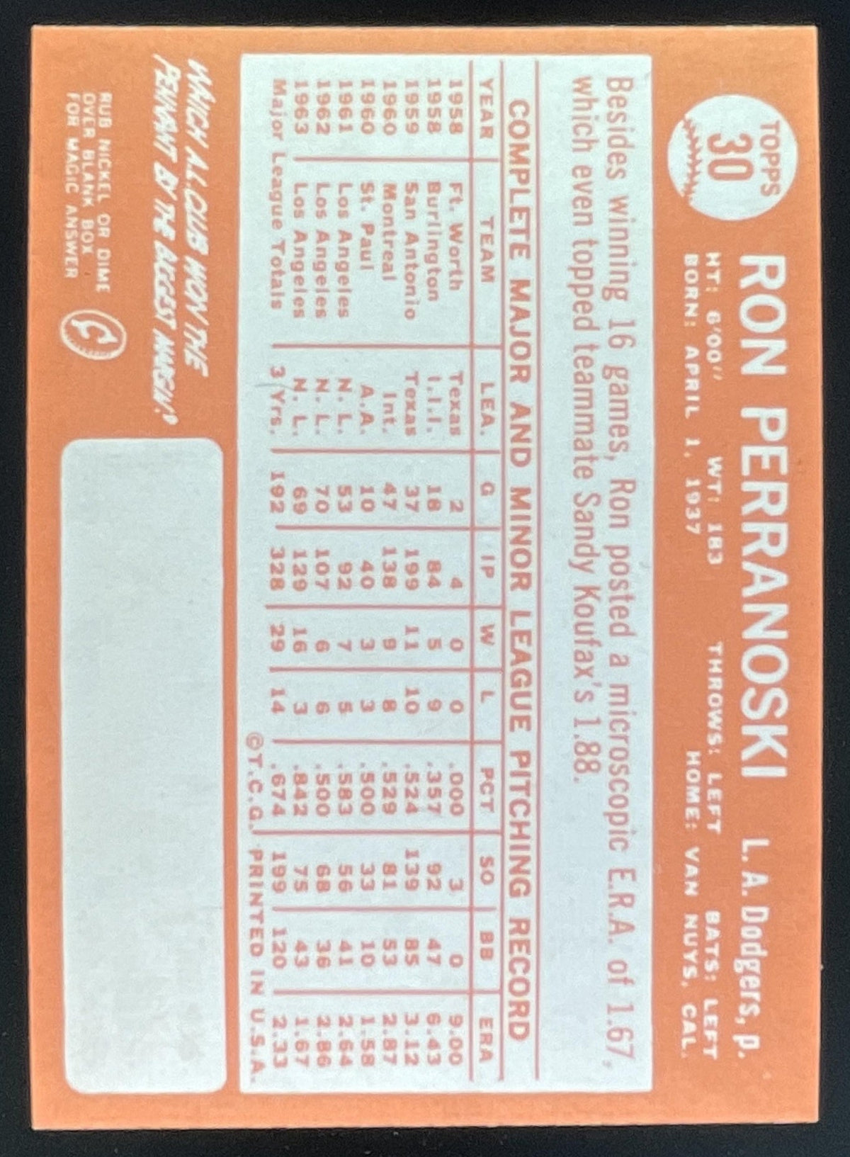 1964 Topps #30 Ron Perranoski product image 2, provided for visual reference and product detail review