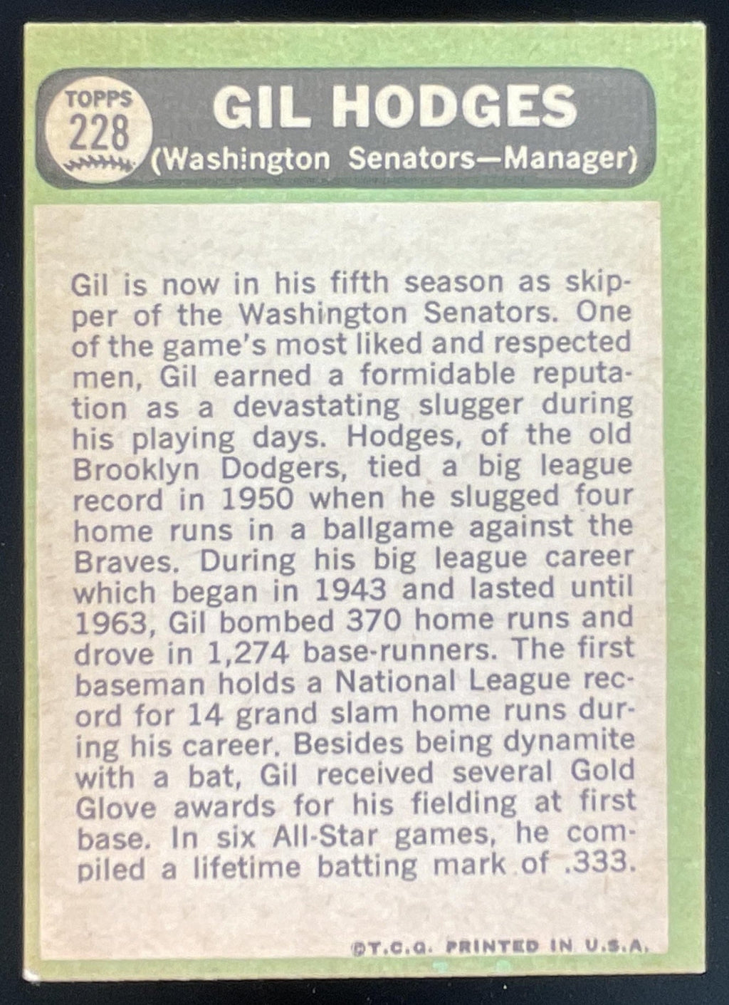 1967 Topps #228 Gil Hodges product image 2, provided for visual reference and product detail review
