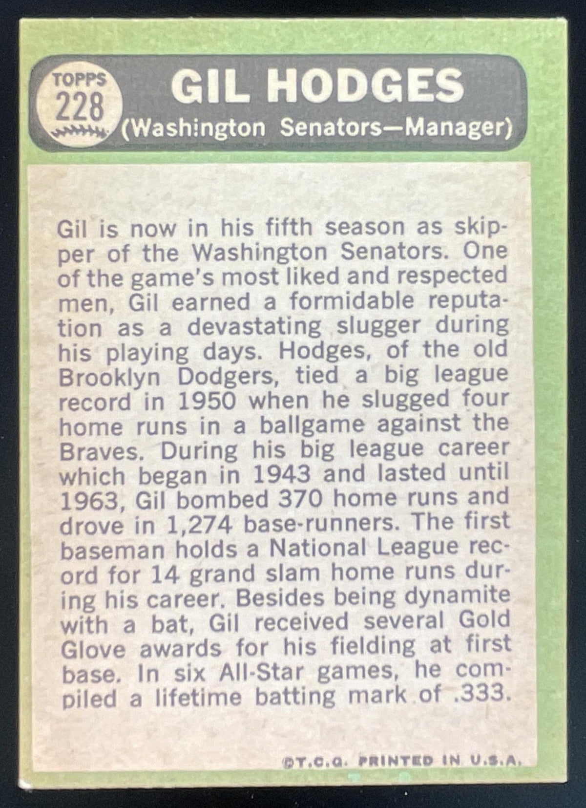 1967 Topps #228 Gil Hodges product image 2, provided for visual reference and product detail review