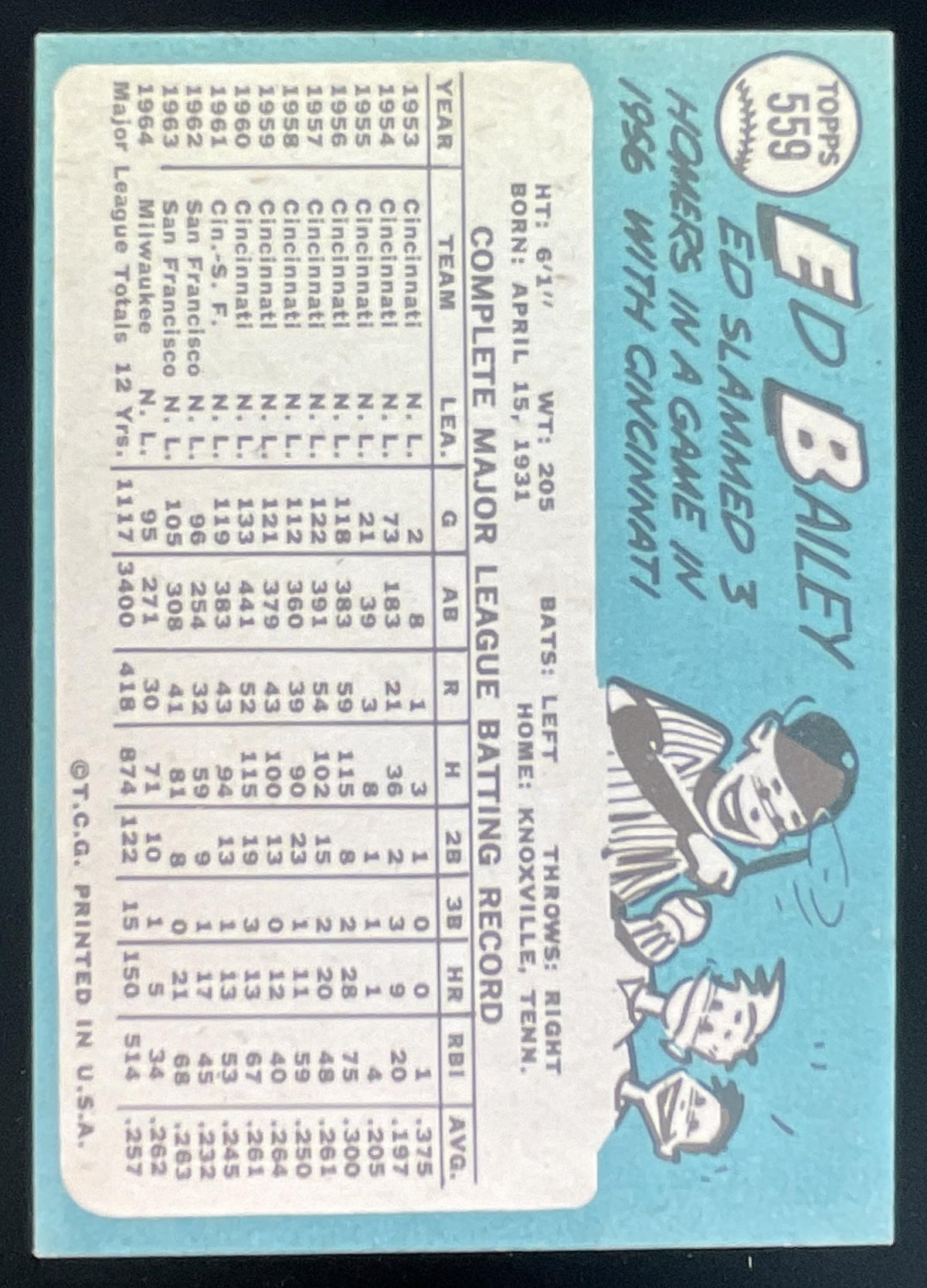 1965 Topps #559 Ed Bailey product image 2, provided for visual reference and product detail review