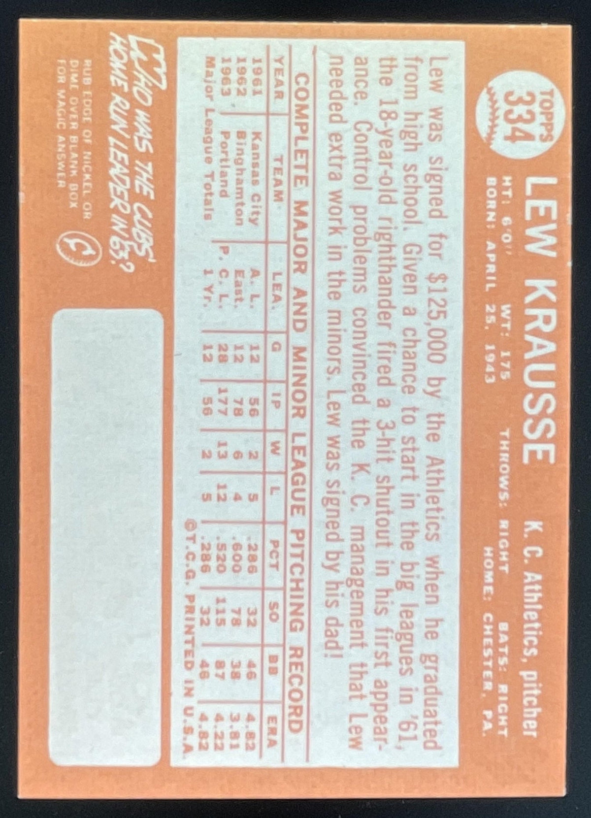 1964 Topps #334 Lew Krausse product image 2, provided for visual reference and product detail review