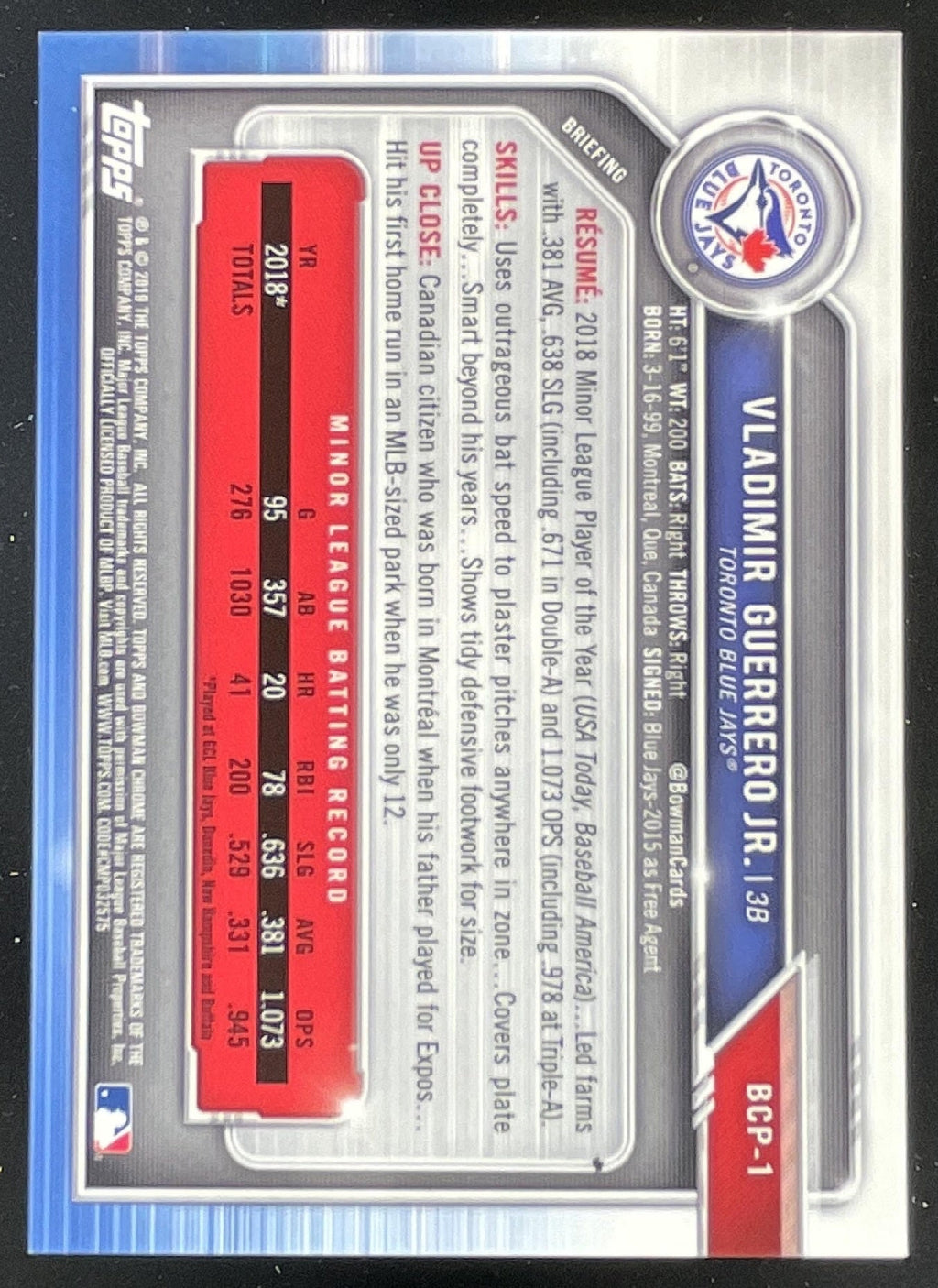 2019 Bowman Chrome Prospects Speckle #BCP-1 Vladimir Guerrero Jr. RC /299 product image 2, provided for visual reference and