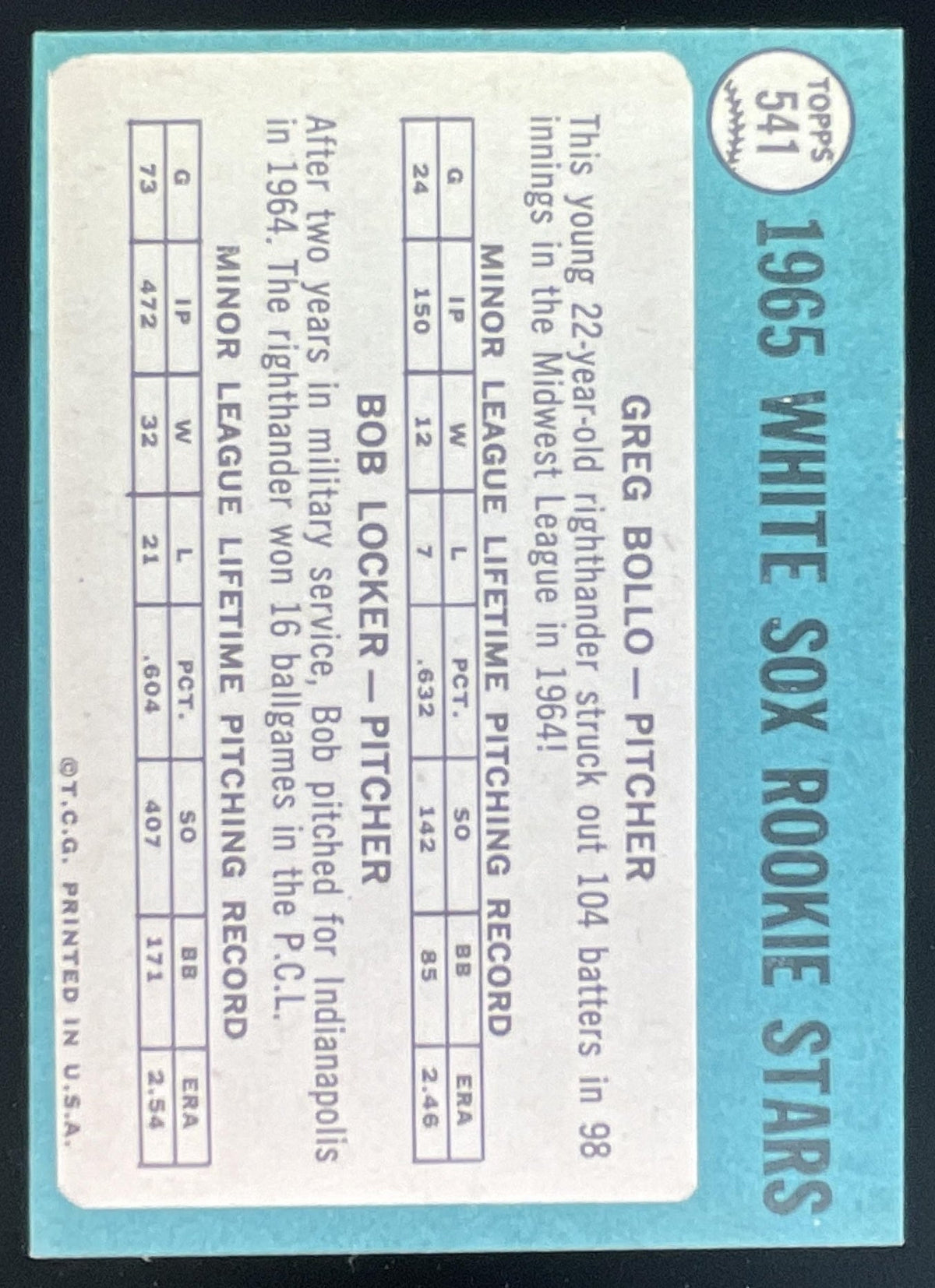 1965 Topps #541 White Sox 1965 Rookie Stars Greg Bollo Bob Locker RS, RC product image 2, provided for visual reference and
