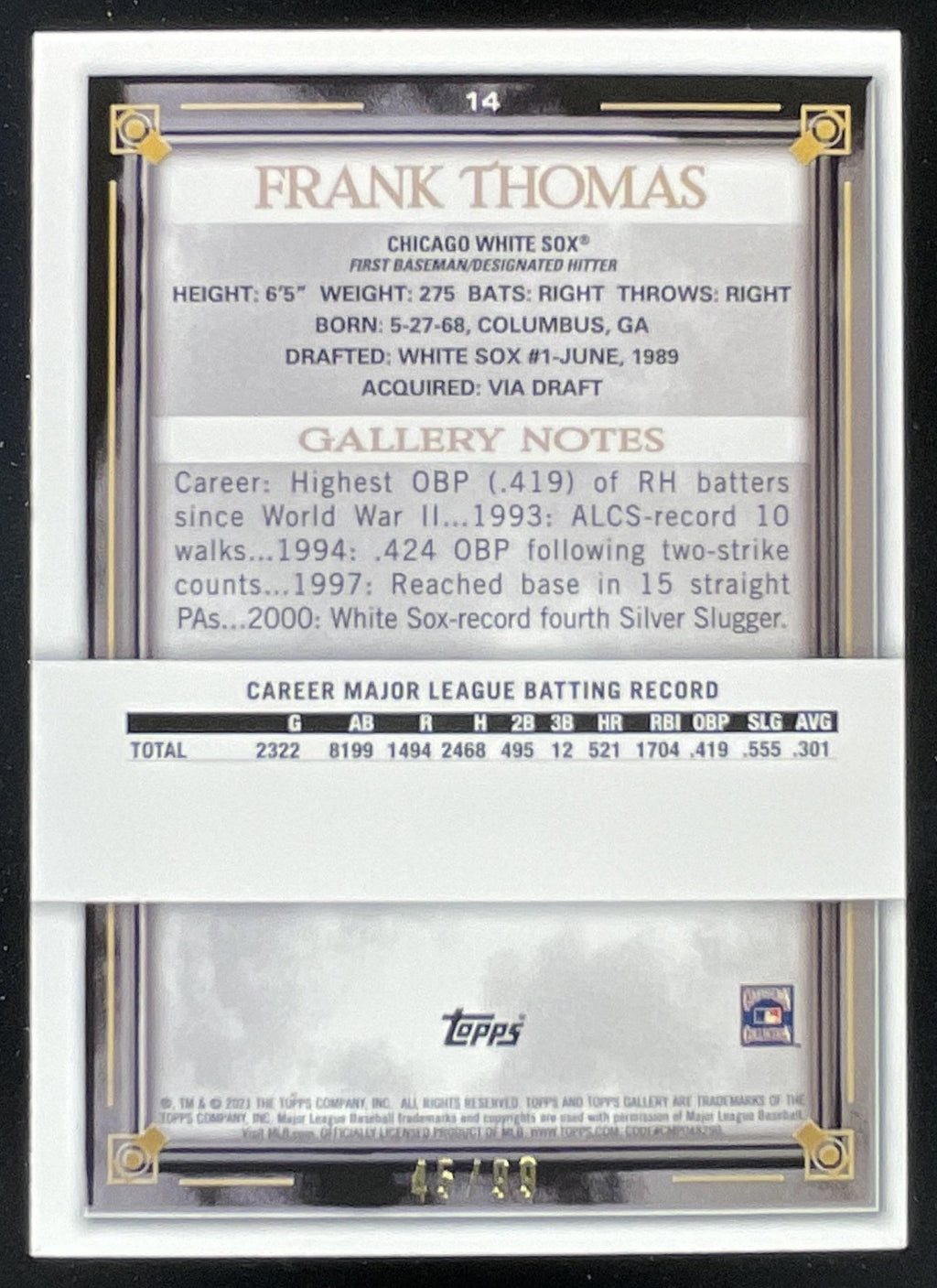 2021 Topps Gallery Green Pattern #14 Frank Thomas /99 product image 2, provided for visual reference and product detail
