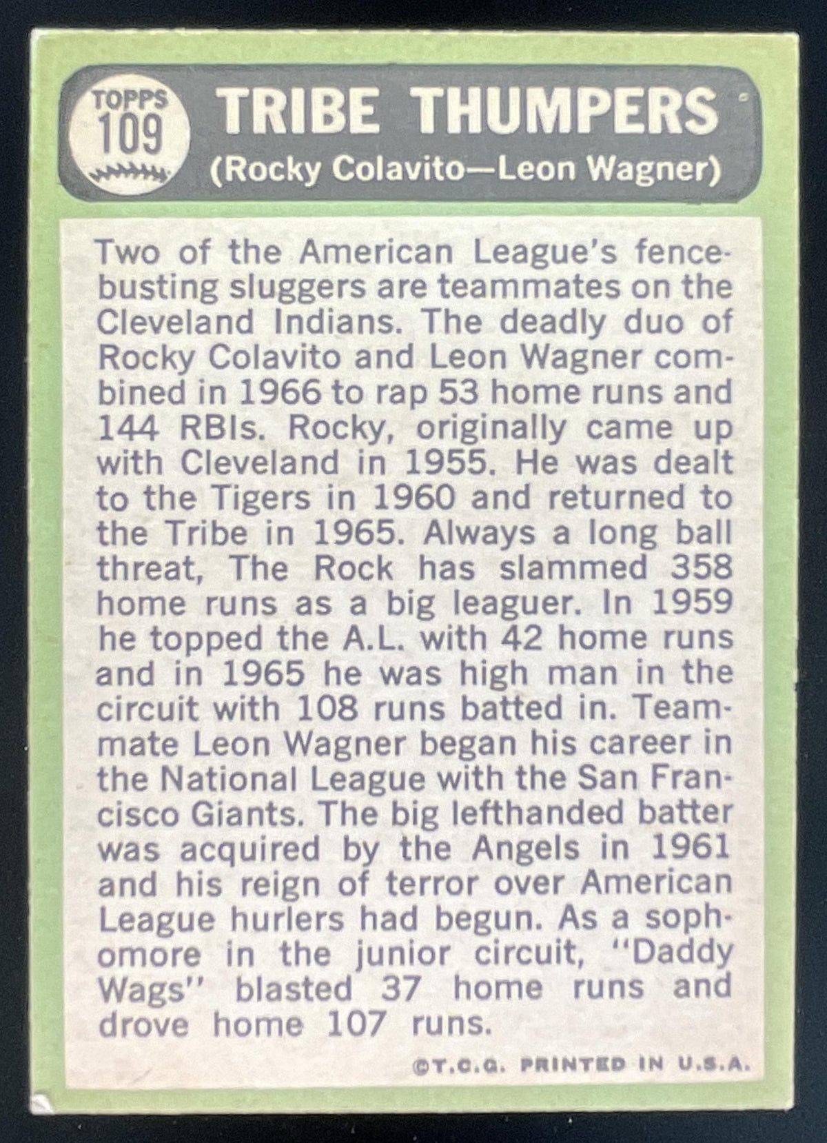 1967 Topps #109 Tribe Thumpers Rocky Colavito Leon Wagner C product image 2, provided for visual reference and product