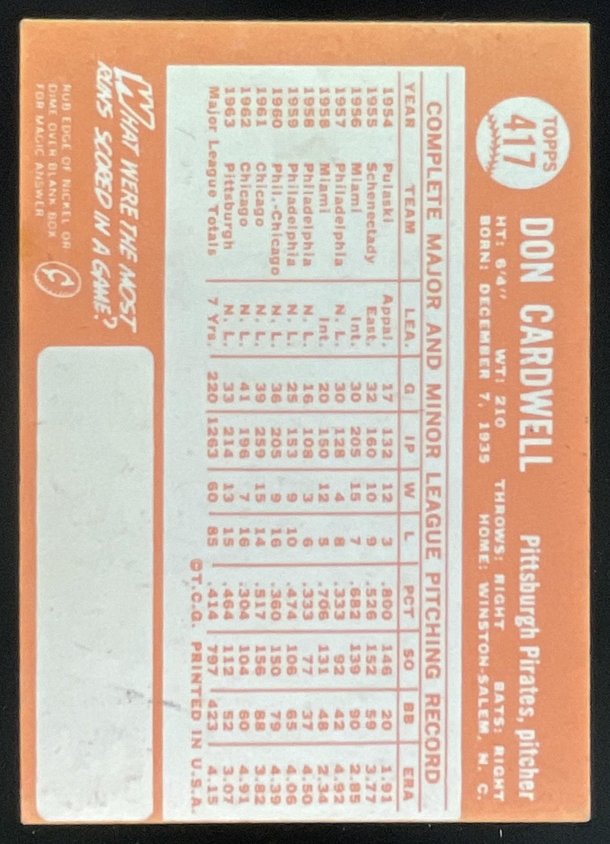 1964 Topps #417 Don Cardwell product image 2, provided for visual reference and product detail review
