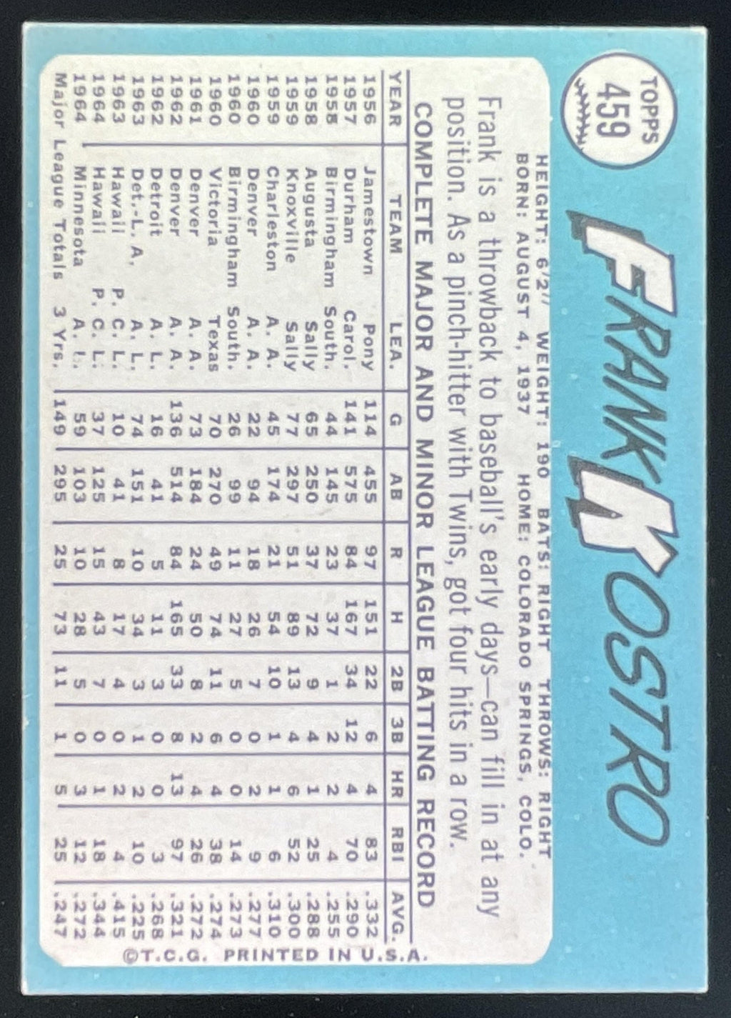 1965 Topps #459 Frank Kostro product image 2, provided for visual reference and product detail review
