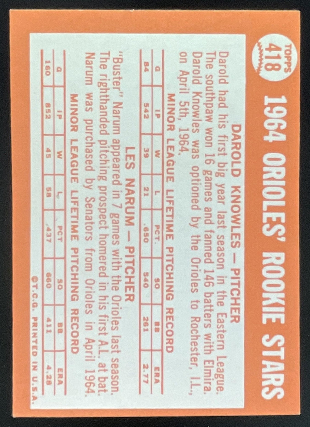 1964 Topps #418 Orioles 1964 Rookie Stars Darold Knowles Les Narum RC product image 2, provided for visual reference and