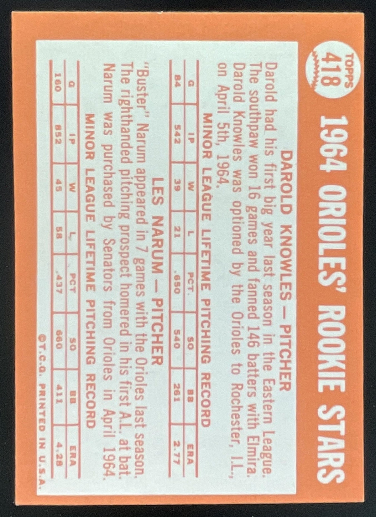 1964 Topps #418 Orioles 1964 Rookie Stars Darold Knowles Les Narum RC product image 2, provided for visual reference and