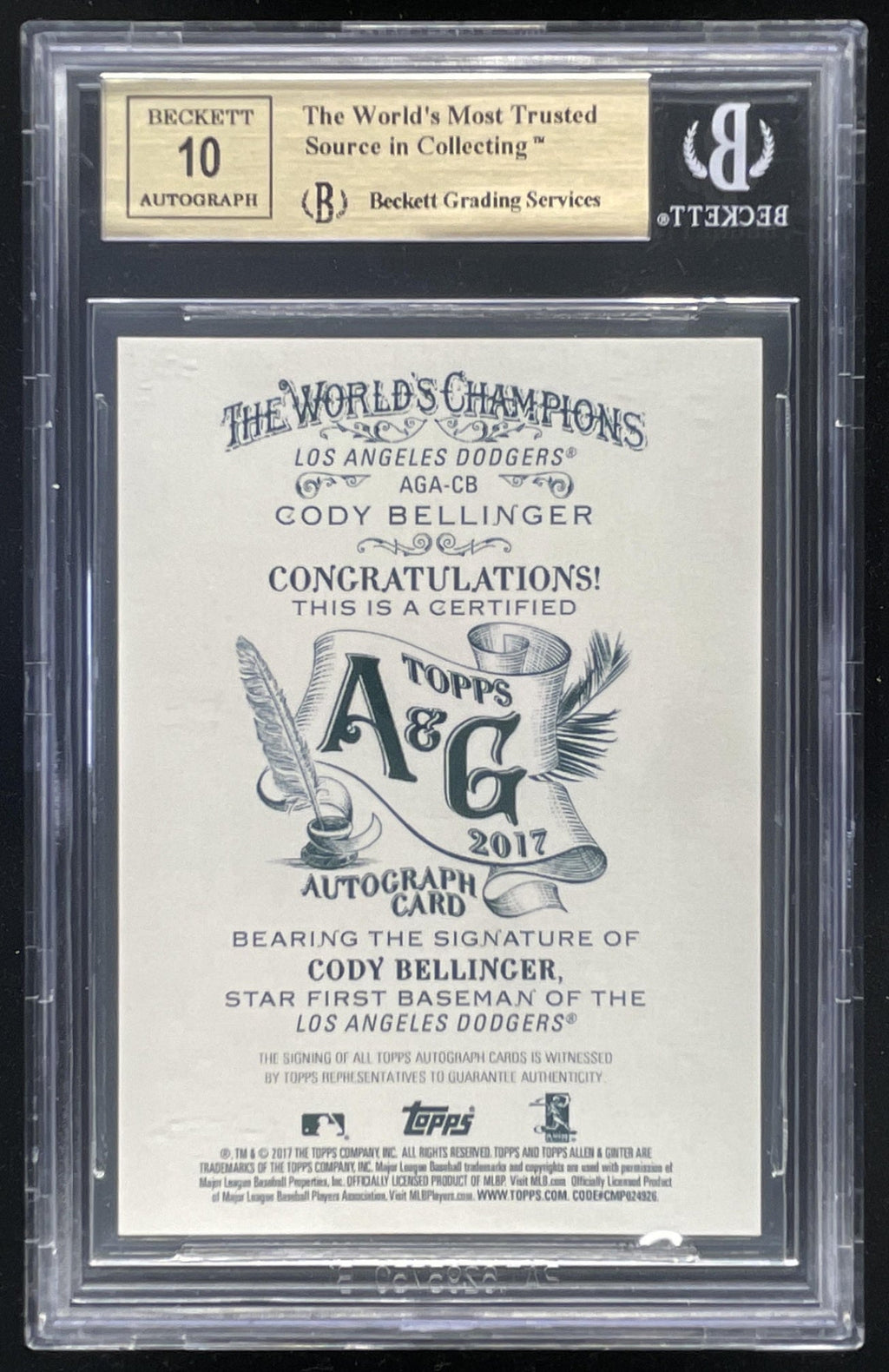 2017 Topps Allen & Ginter X Full Size #AGA-CB Cody Bellinger RC Auto BGS 9.5 product image 2, provided for visual reference