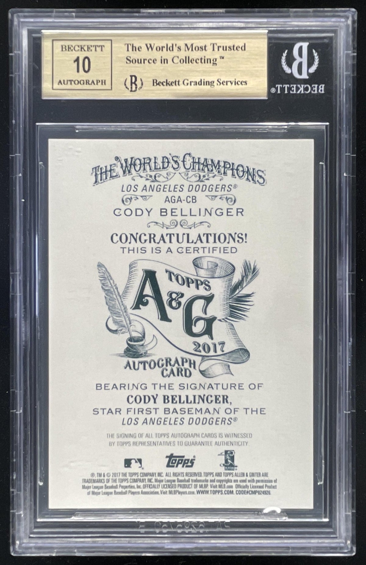 2017 Topps Allen & Ginter X Full Size #AGA-CB Cody Bellinger RC Auto BGS 9.5 product image 2, provided for visual reference