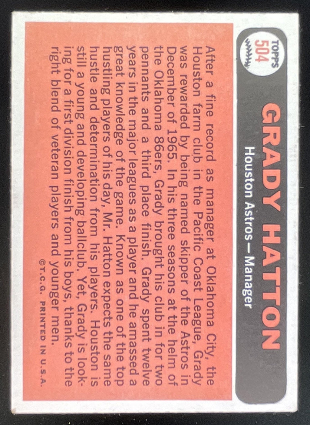 1966 Topps #504 Grady Hatton product image 2, provided for visual reference and product detail review