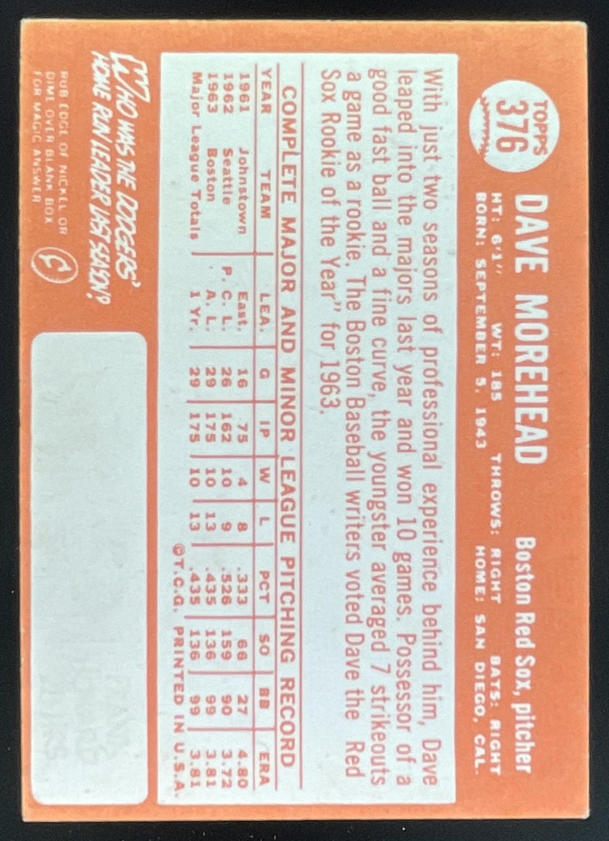 1964 Topps #376 Dave Morehead product image 2, provided for visual reference and product detail review