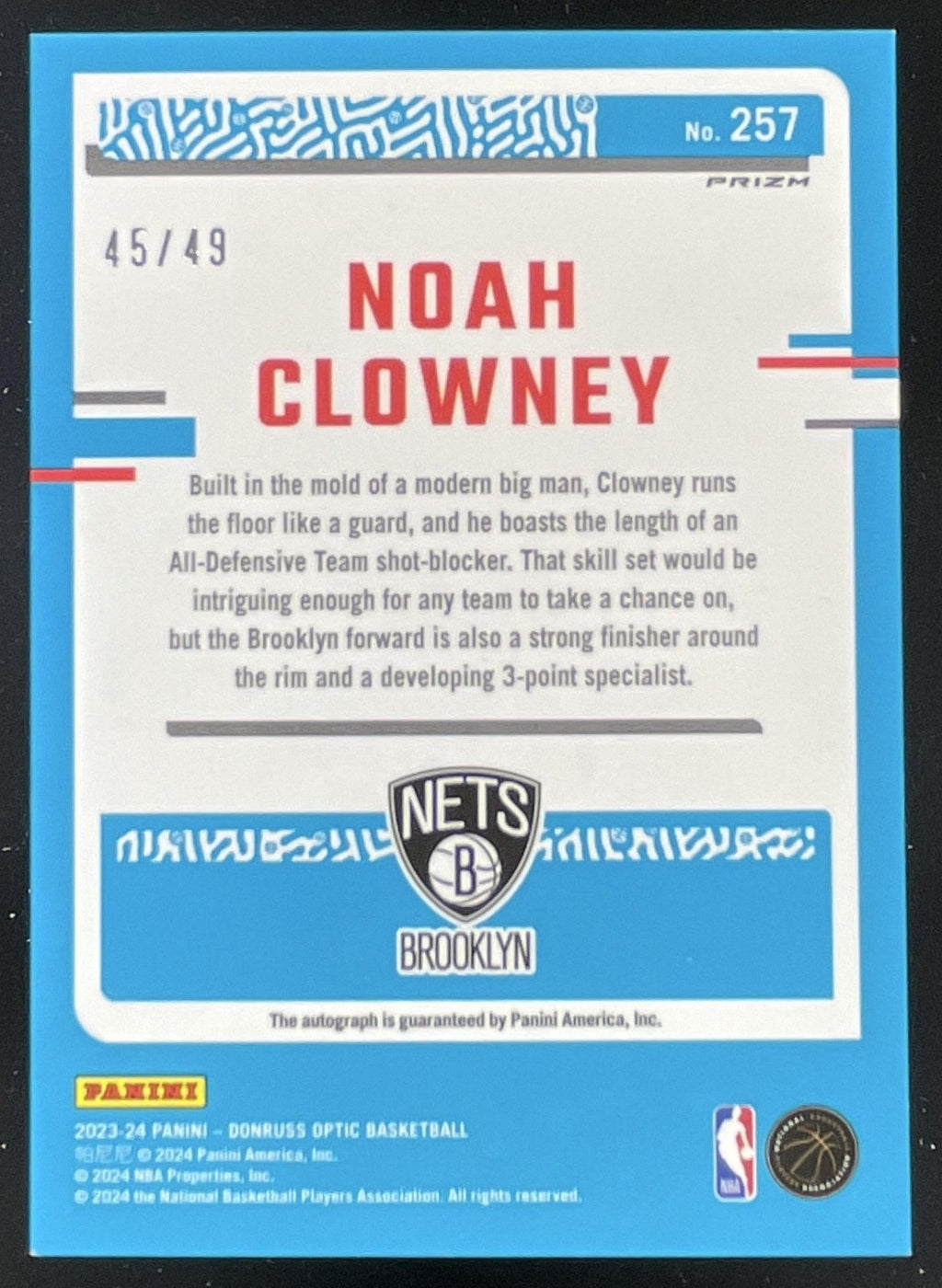 2023-24 Donruss Optic Rated Rookie Blue #257 Noah Clowney RC Auto /49 product image 2, provided for visual reference and