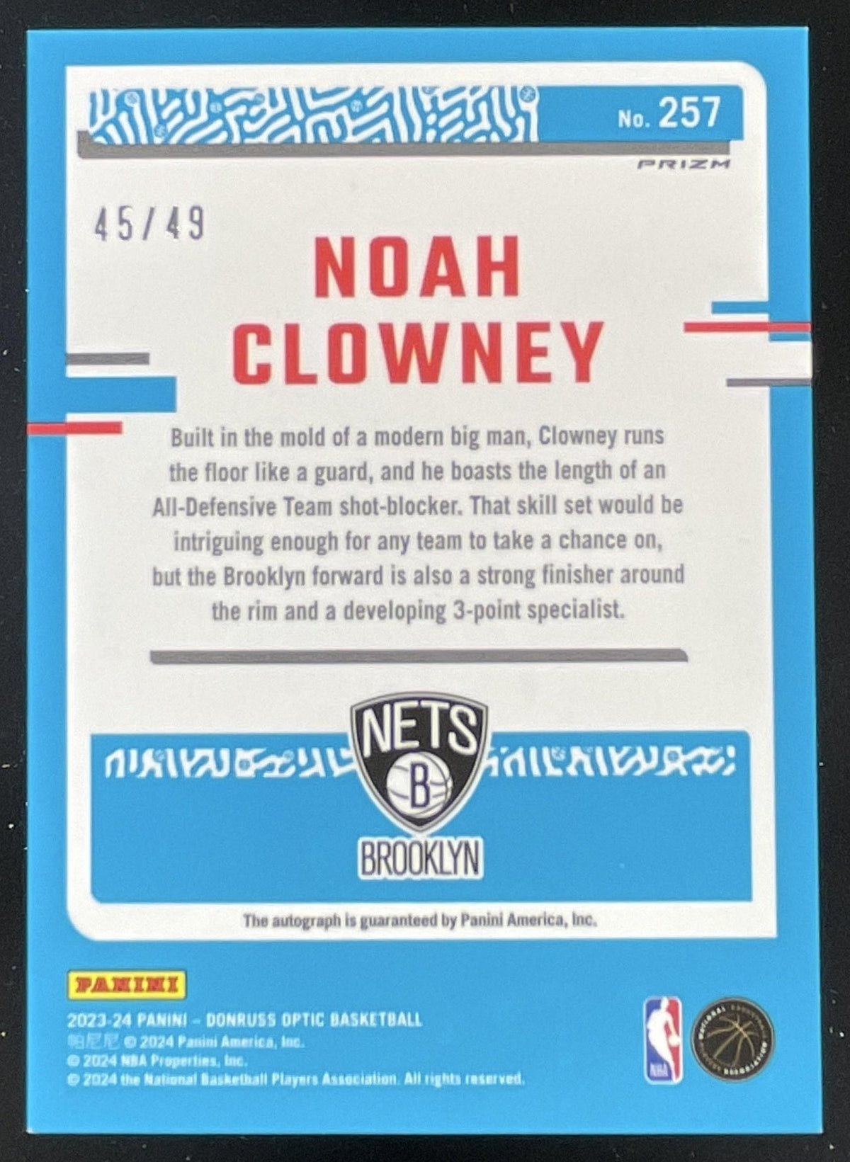 2023-24 Donruss Optic Rated Rookie Blue #257 Noah Clowney RC Auto /49 product image 2, provided for visual reference and