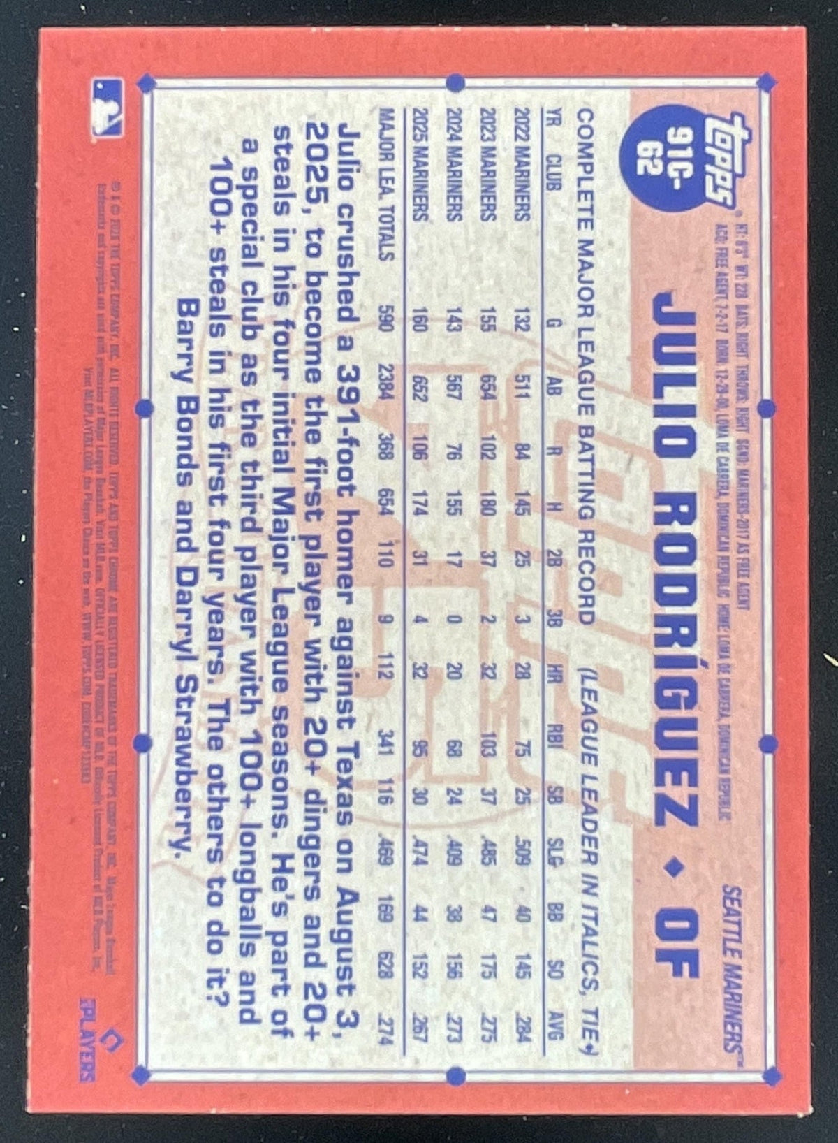 2026 Topps 1991 Topps Chrome Silver Pack Blue Mojo #91C-62 Julio Rodriguez /150 product image 2, provided for visual