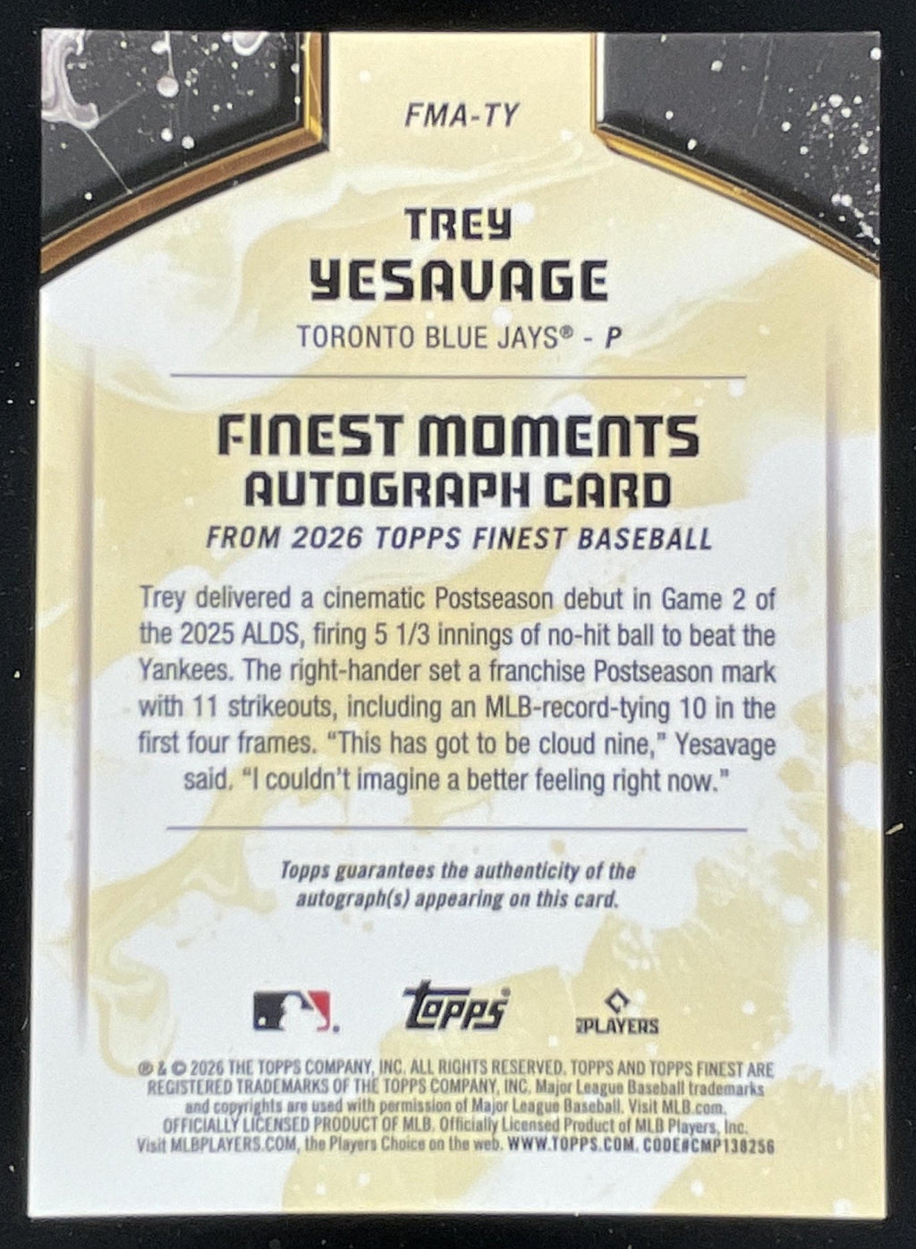 2026 Topps Finest Moments Orange Geometric #FMA-TY Trey Yesavage RC Auto /25 product image 2, provided for visual reference