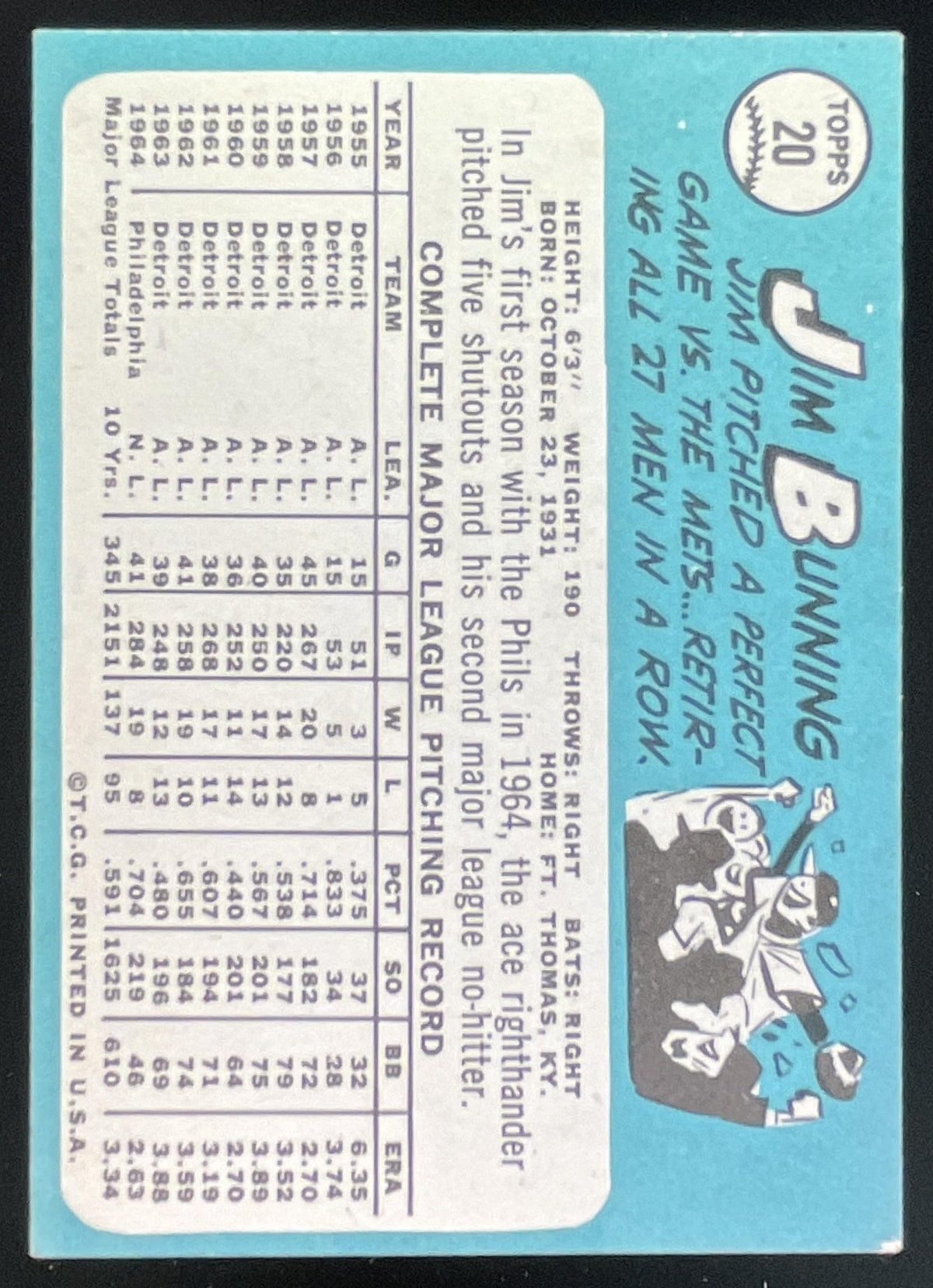1965 Topps #20 Jim Bunning product image 2, provided for visual reference and product detail review