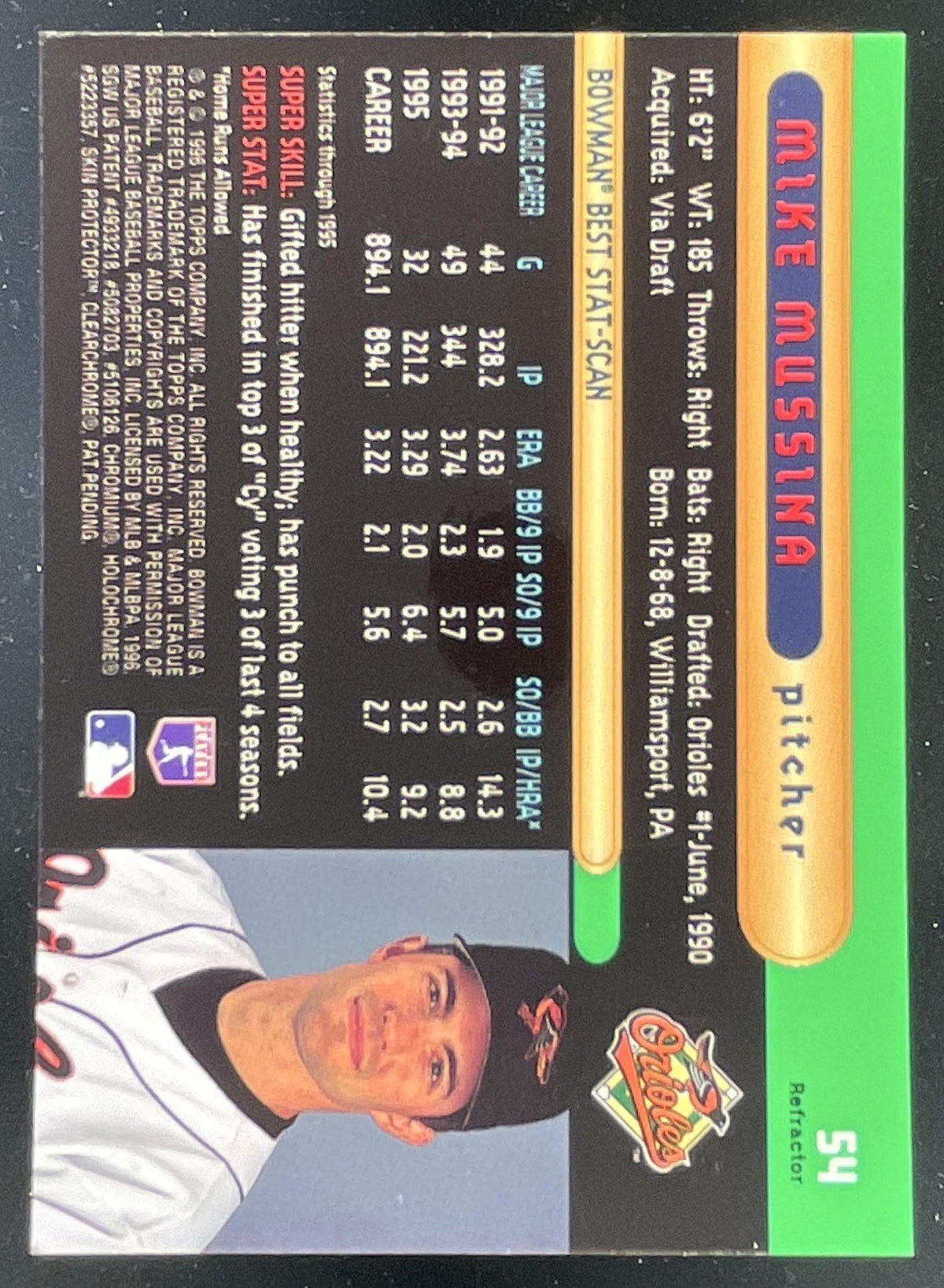 1996 Bowman's Best Refractors #54 Mike Mussina product image 2, provided for visual reference and product detail review