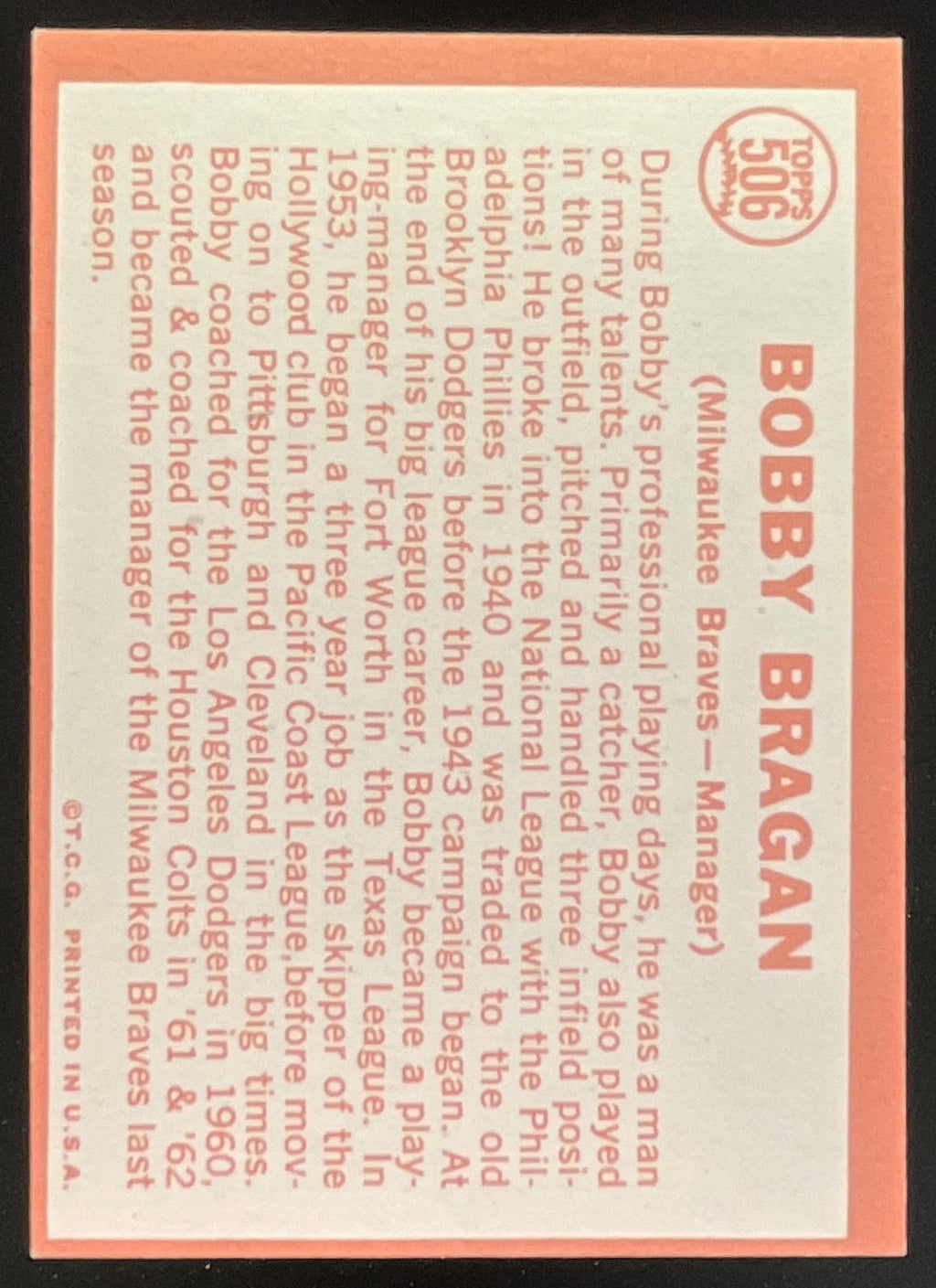 1964 Topps #506 Bobby Bragan product image 2, provided for visual reference and product detail review