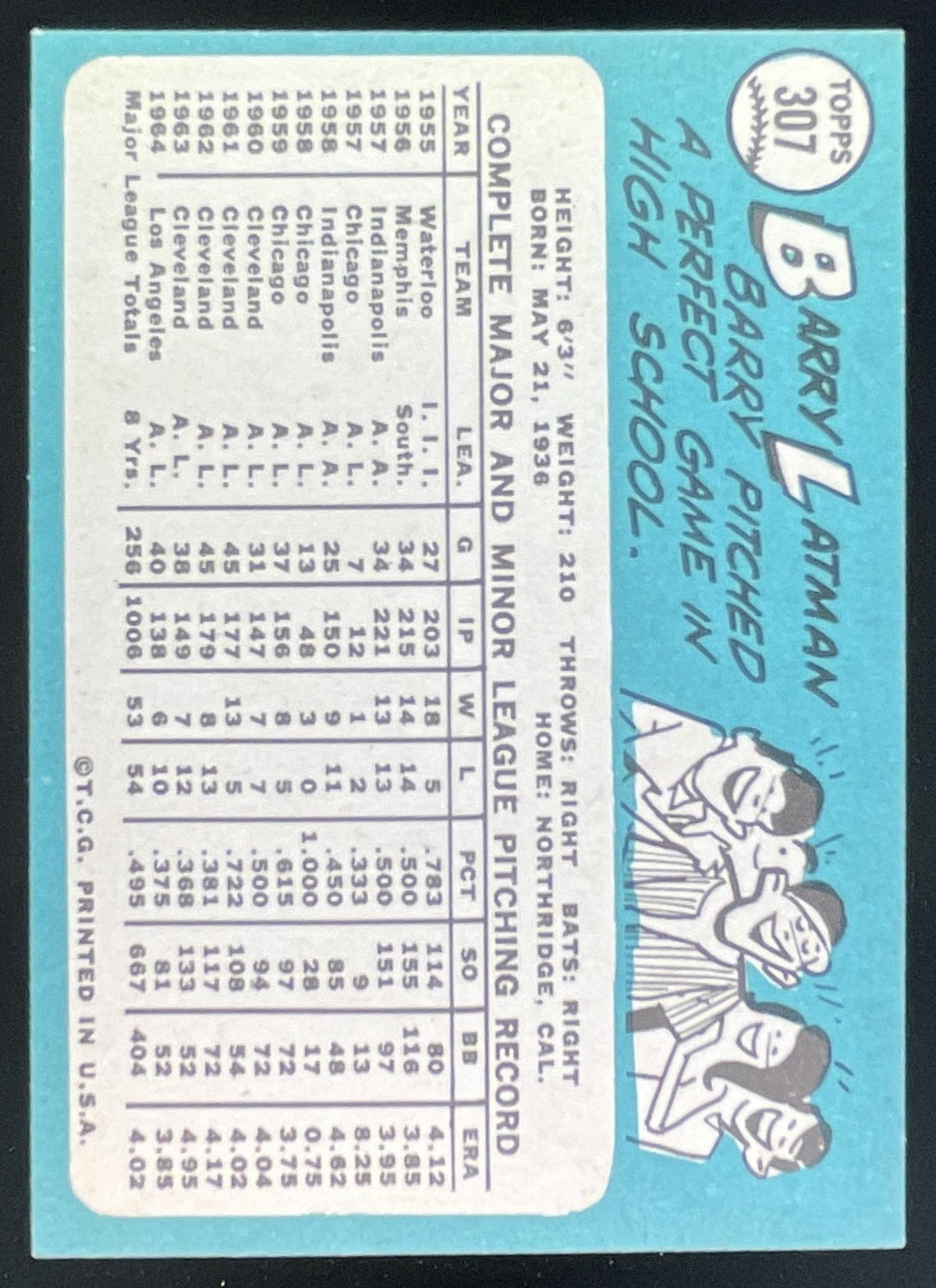 1965 Topps #307 Barry Latman product image 2, provided for visual reference and product detail review