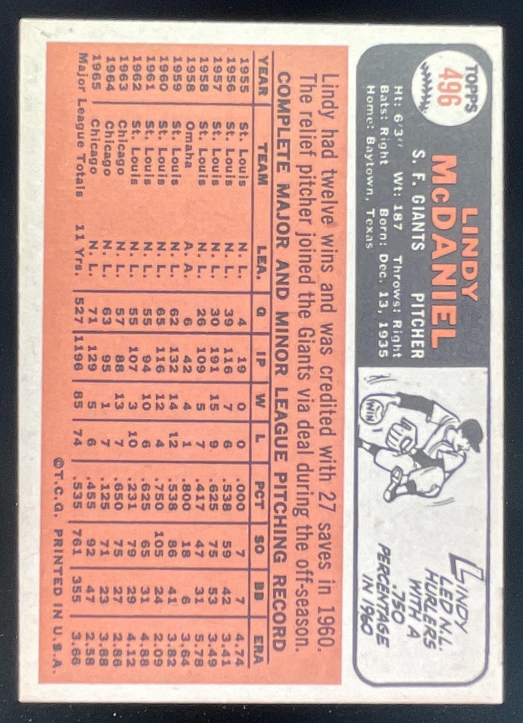 1966 Topps #496 Lindy McDaniel product image 2, provided for visual reference and product detail review
