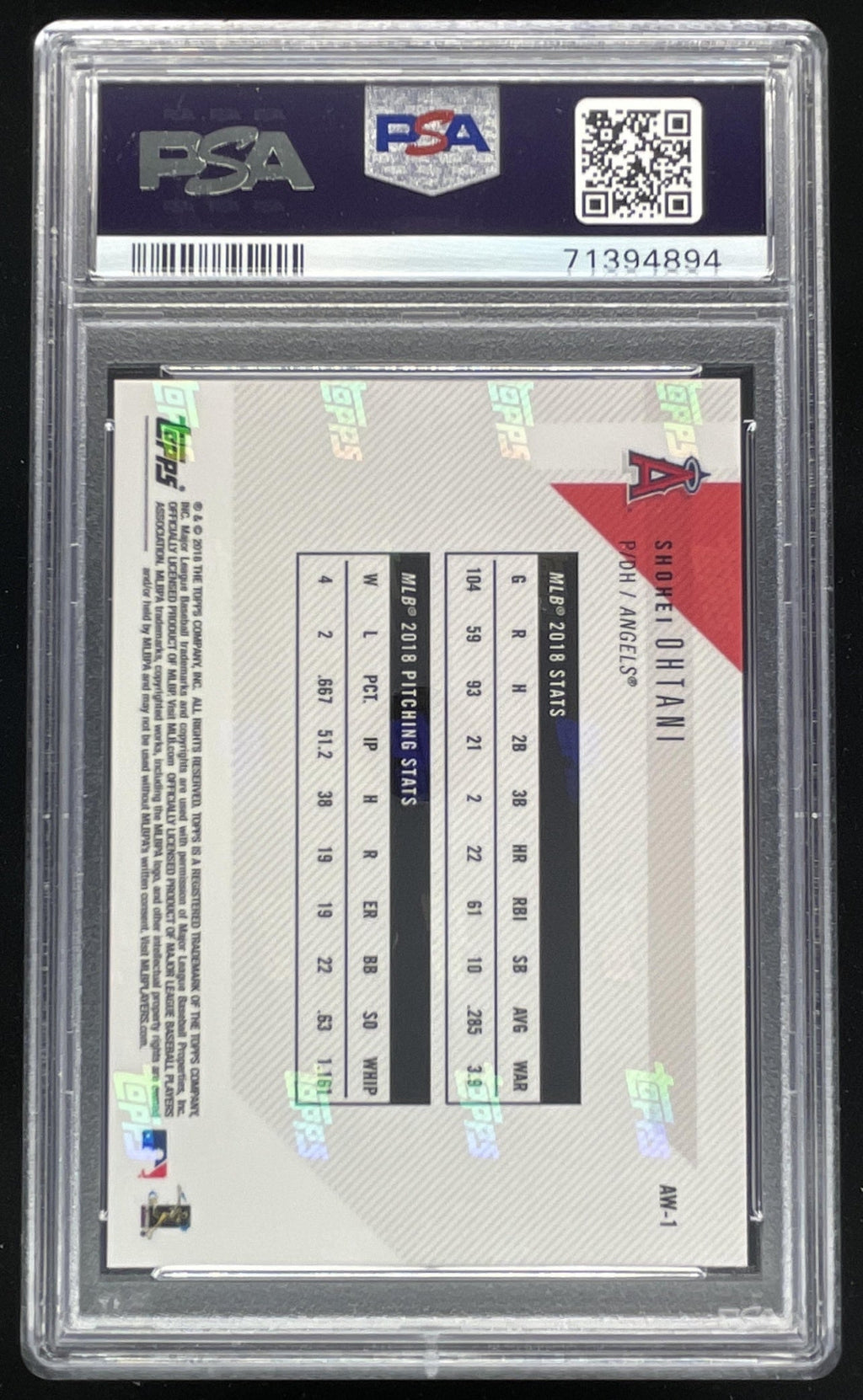 2018 Topps Now Award Winners #AW-1 Shohei Ohtani RC PSA 10 product image 2, provided for visual reference and product detail
