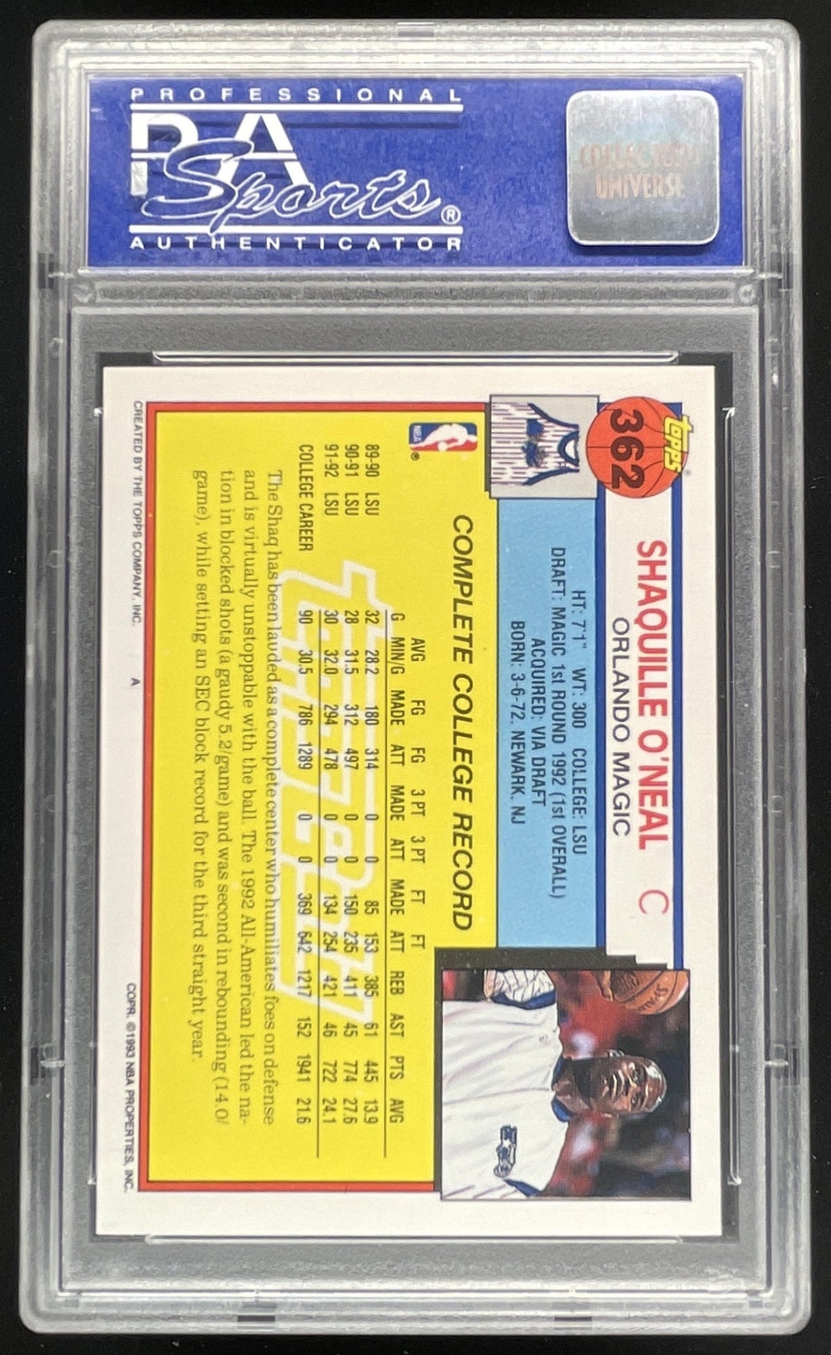 1992-93 Topps Gold #362 Shaquille O'Neal RC PSA 9 product image 2, provided for visual reference and product detail review