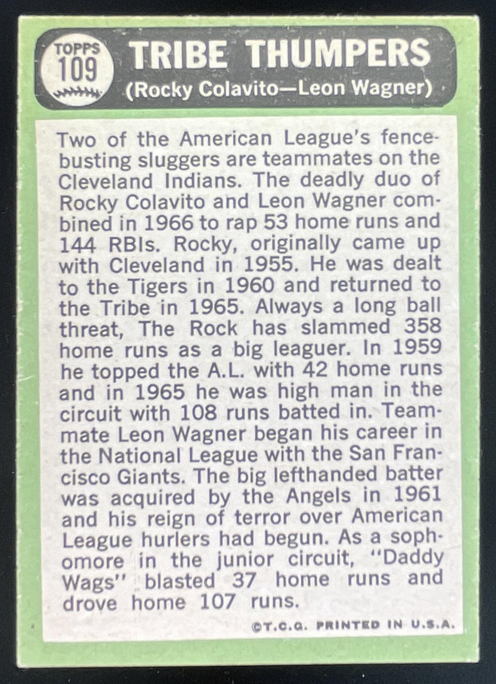 1967 Topps #109 Tribe Thumpers Rocky Colavito Leon Wagner C product image 2, provided for visual reference and product