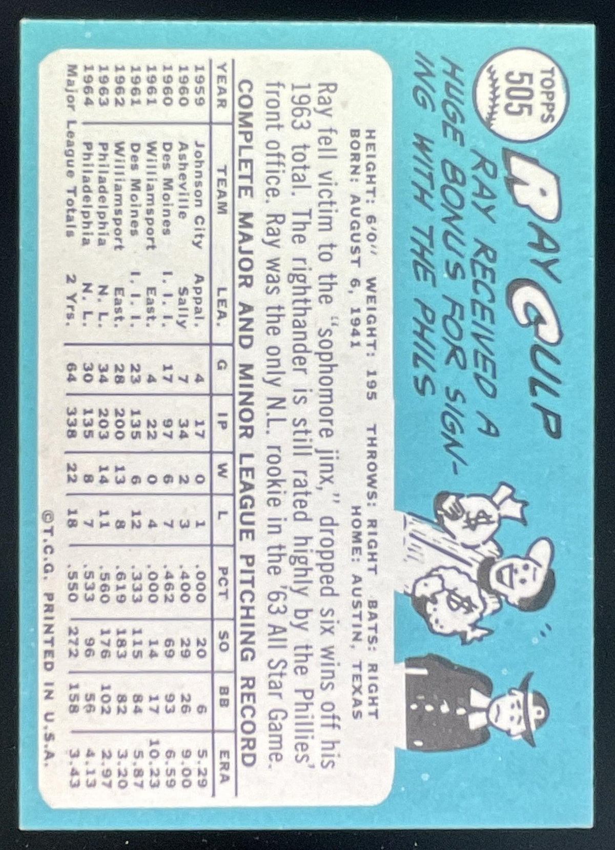 1965 Topps #505 Ray Culp product image 2, provided for visual reference and product detail review