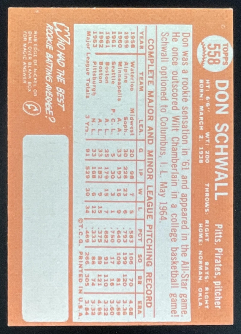 1964 Topps #558 Don Schwall product image 2, provided for visual reference and product detail review