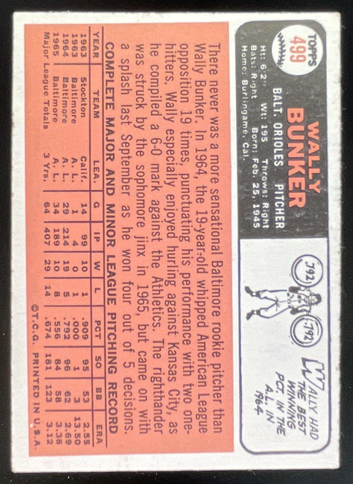 1966 Topps #499 Wally Bunker product image 2, provided for visual reference and product detail review
