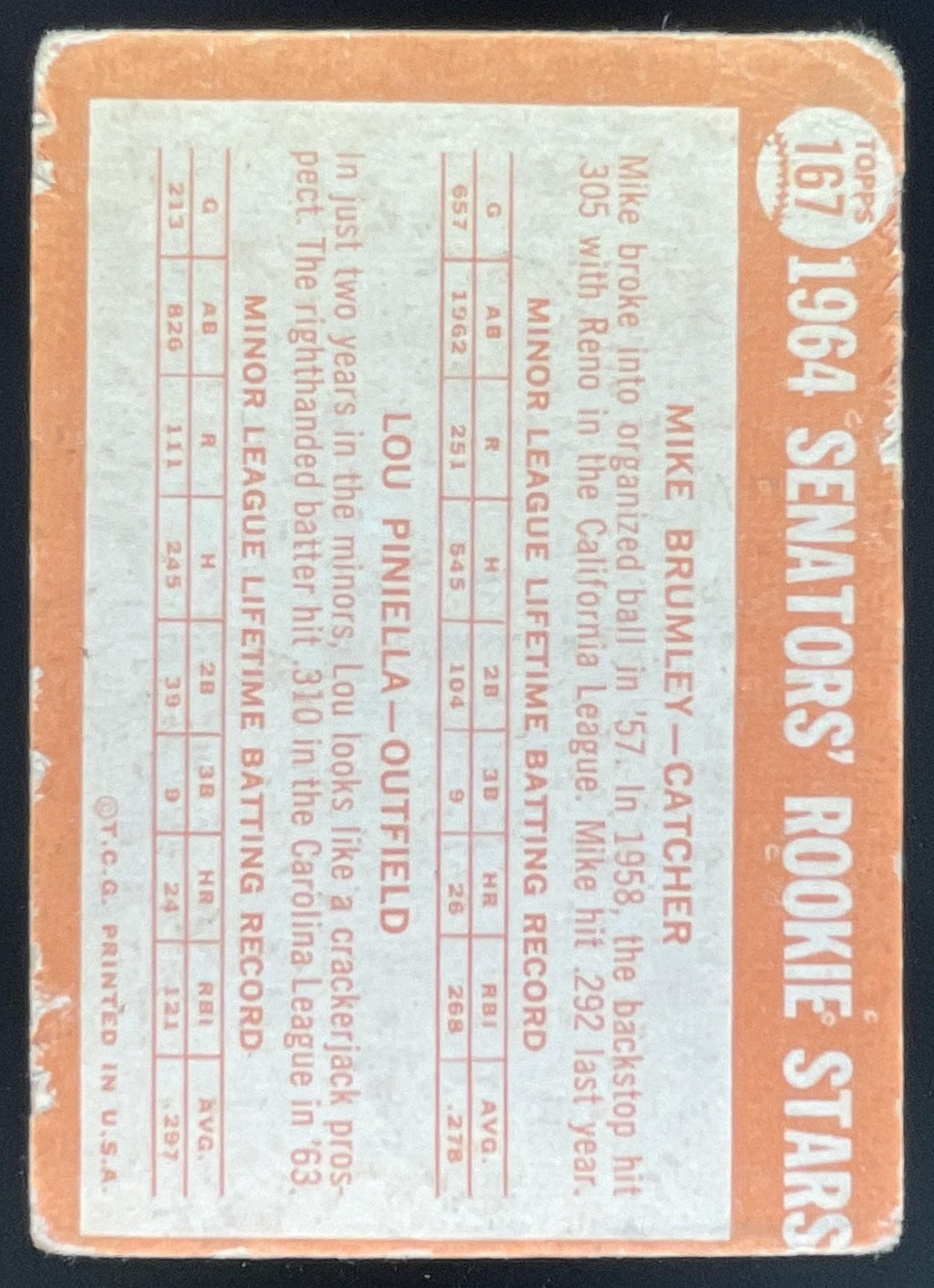 1964 Topps #167 Senators 1964 Rookie Stars Mike Brumley Lou Piniella RC product image 2, provided for visual reference and