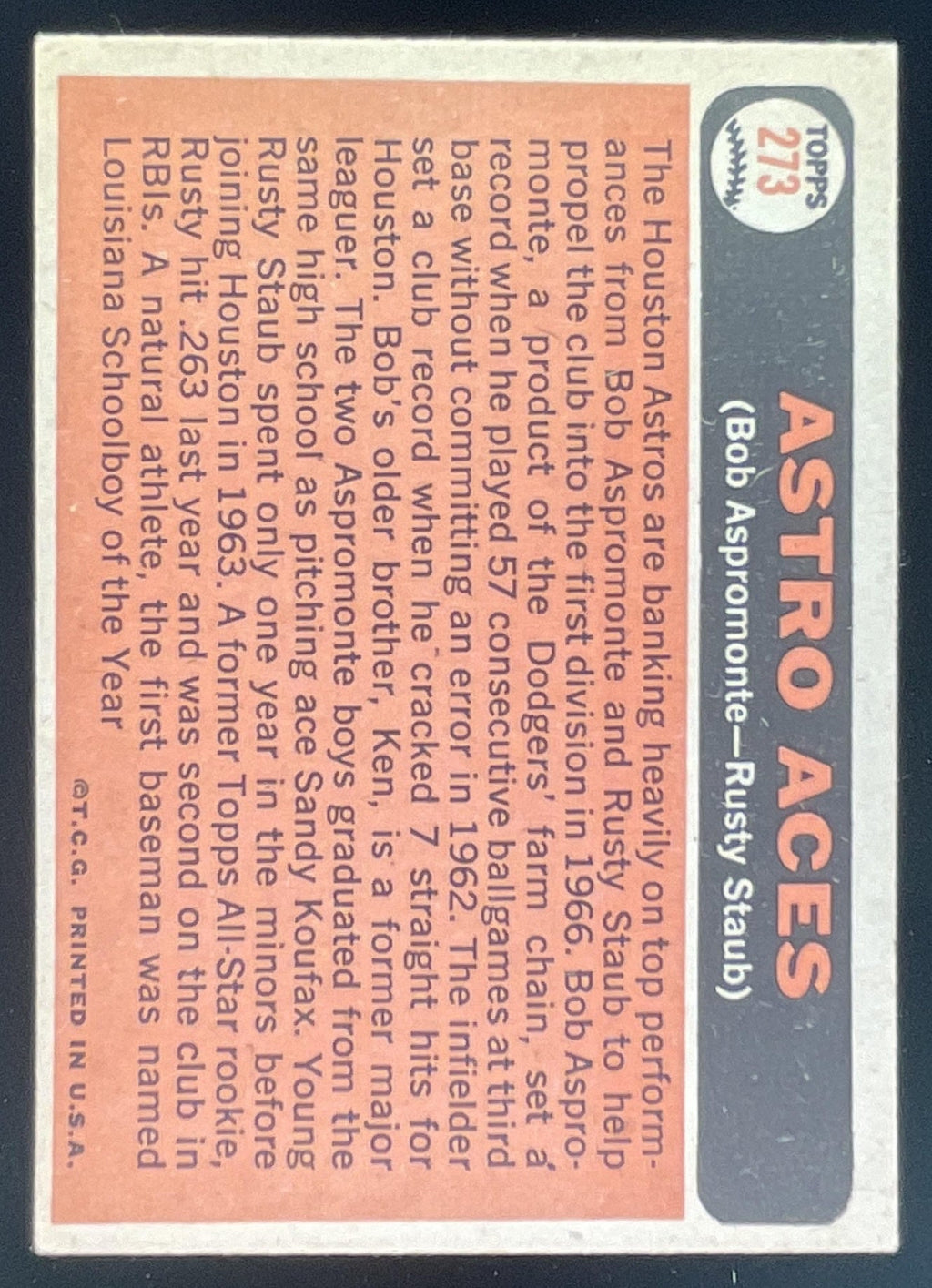 1966 Topps #273 Astro Aces Bob Aspromonte Rusty Staub C product image 2, provided for visual reference and product detail