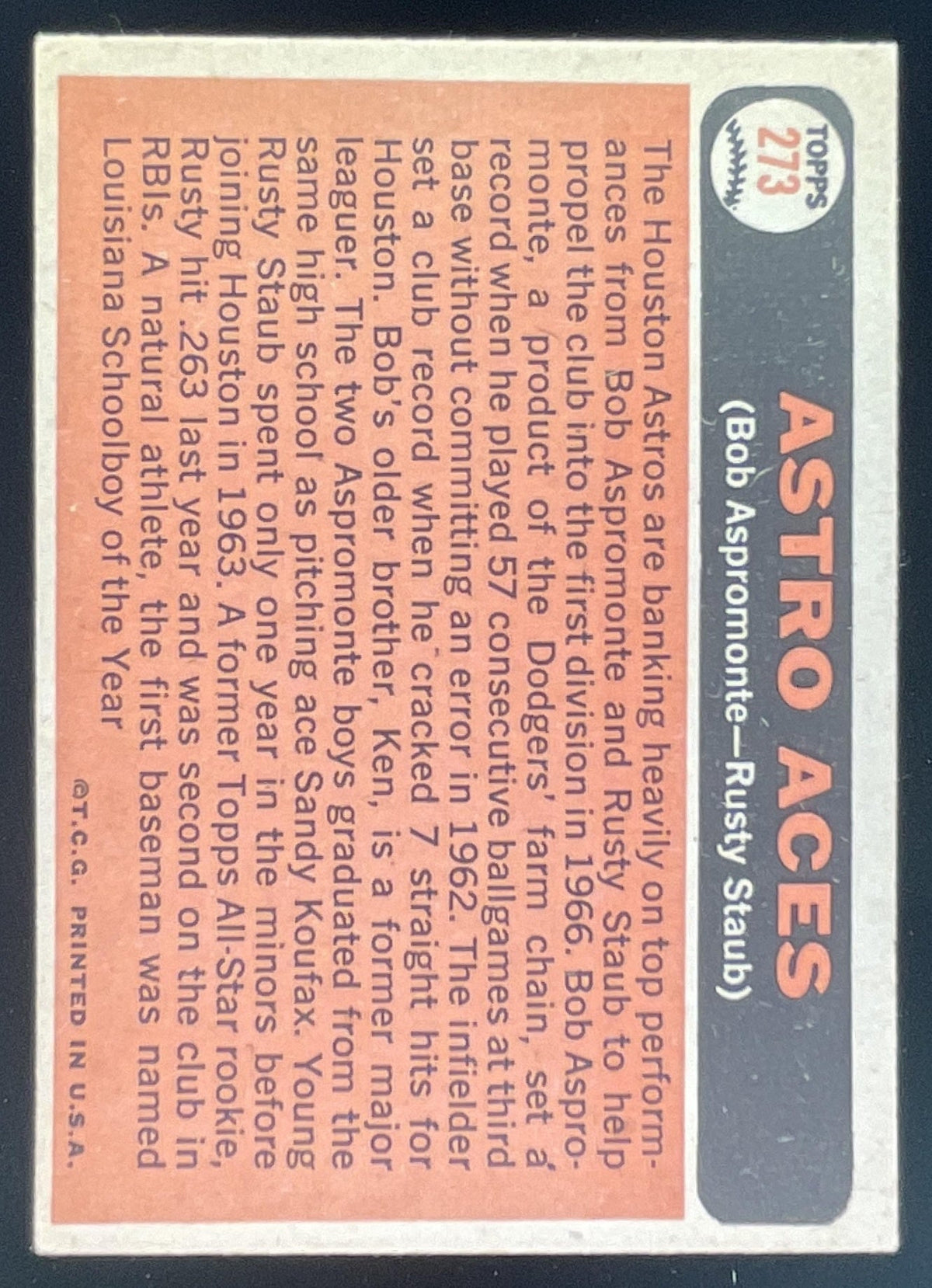 1966 Topps #273 Astro Aces Bob Aspromonte Rusty Staub C product image 2, provided for visual reference and product detail
