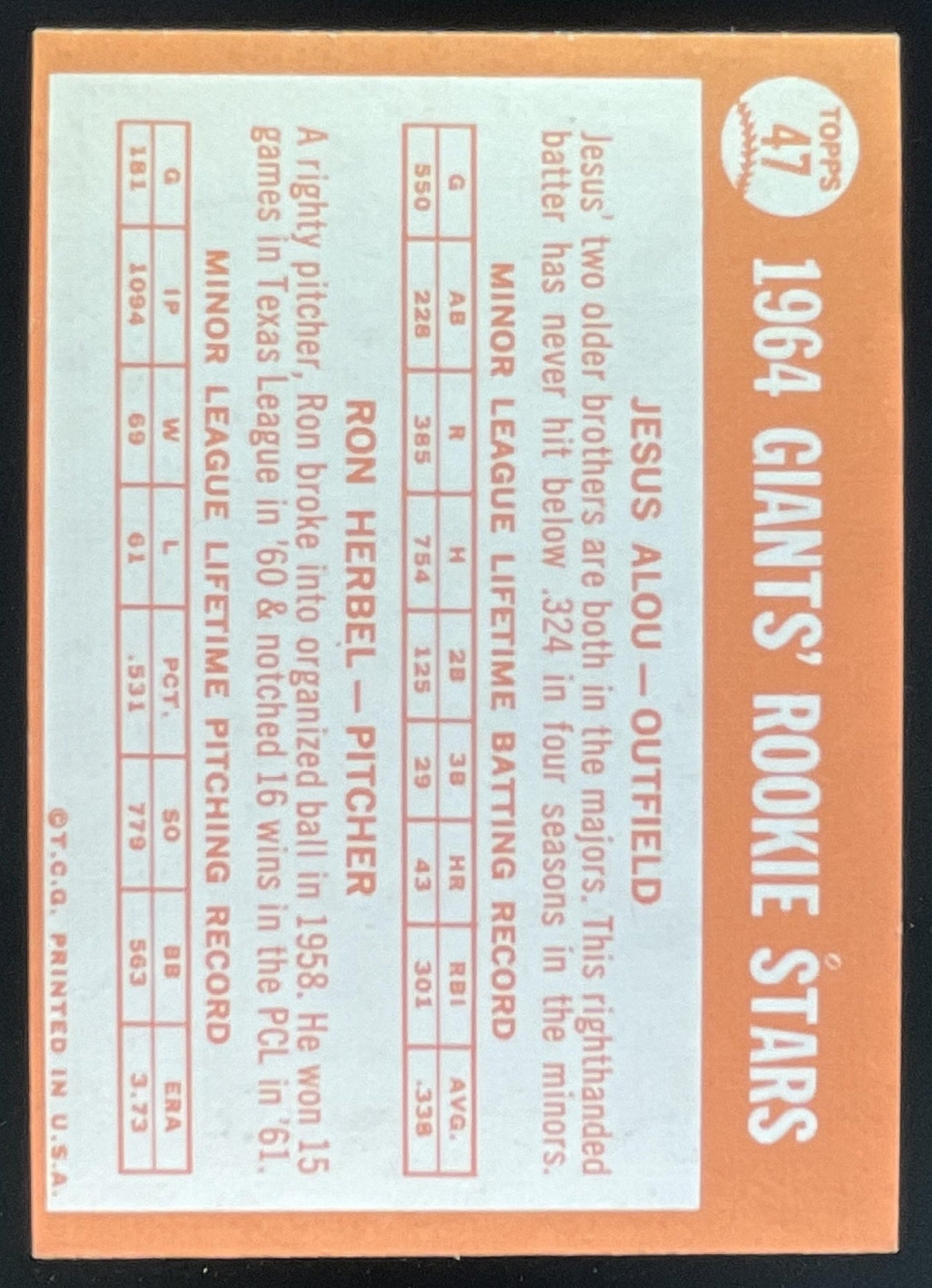 1964 Topps #47 JESUS ALOU Ron Herbel RC product image 2, provided for visual reference and product detail review