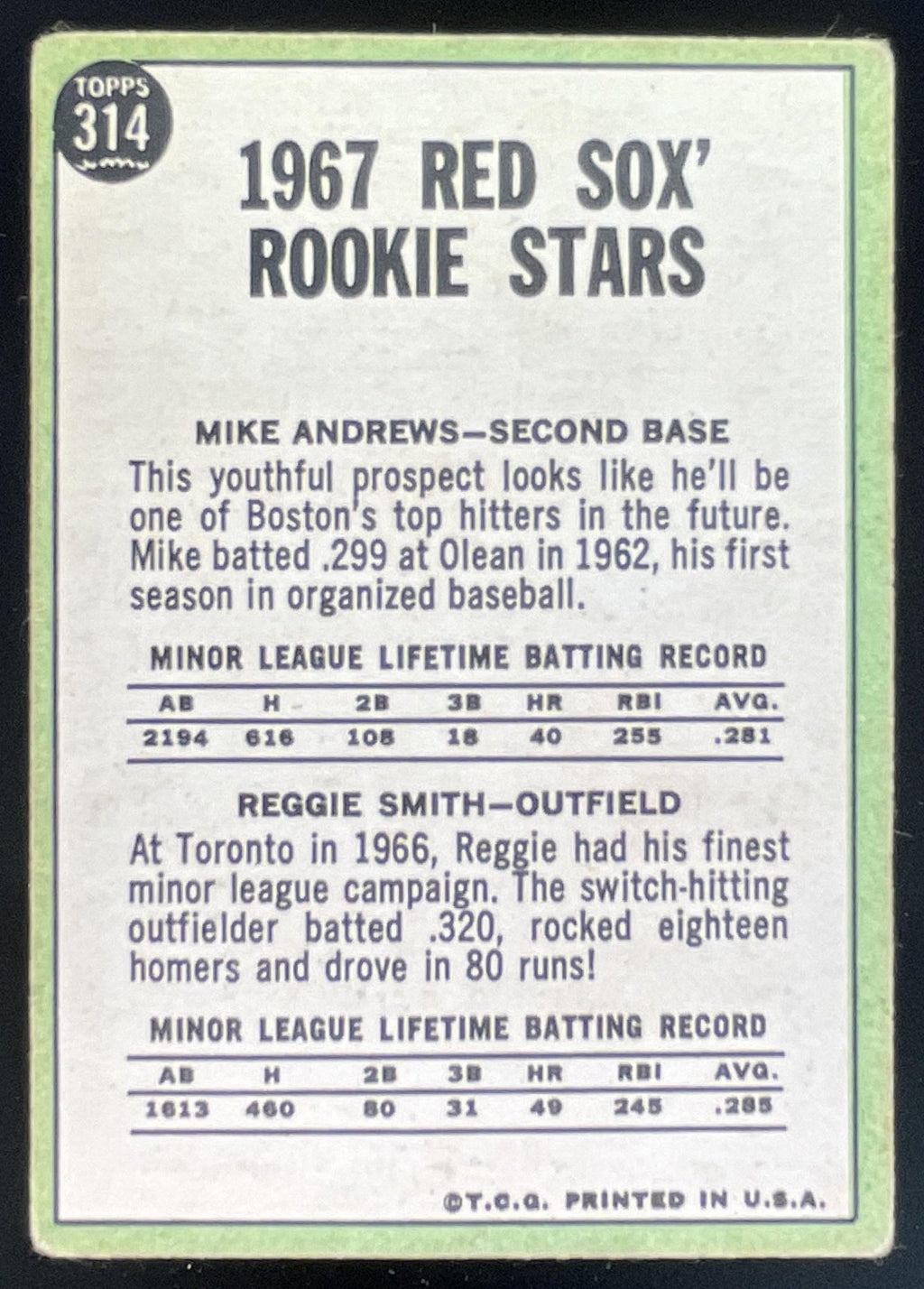 1967 Topps #314 Red Sox 1967 Rookie Stars Mike Andrews Reggie Smith RS, RC product image 2, provided for visual reference