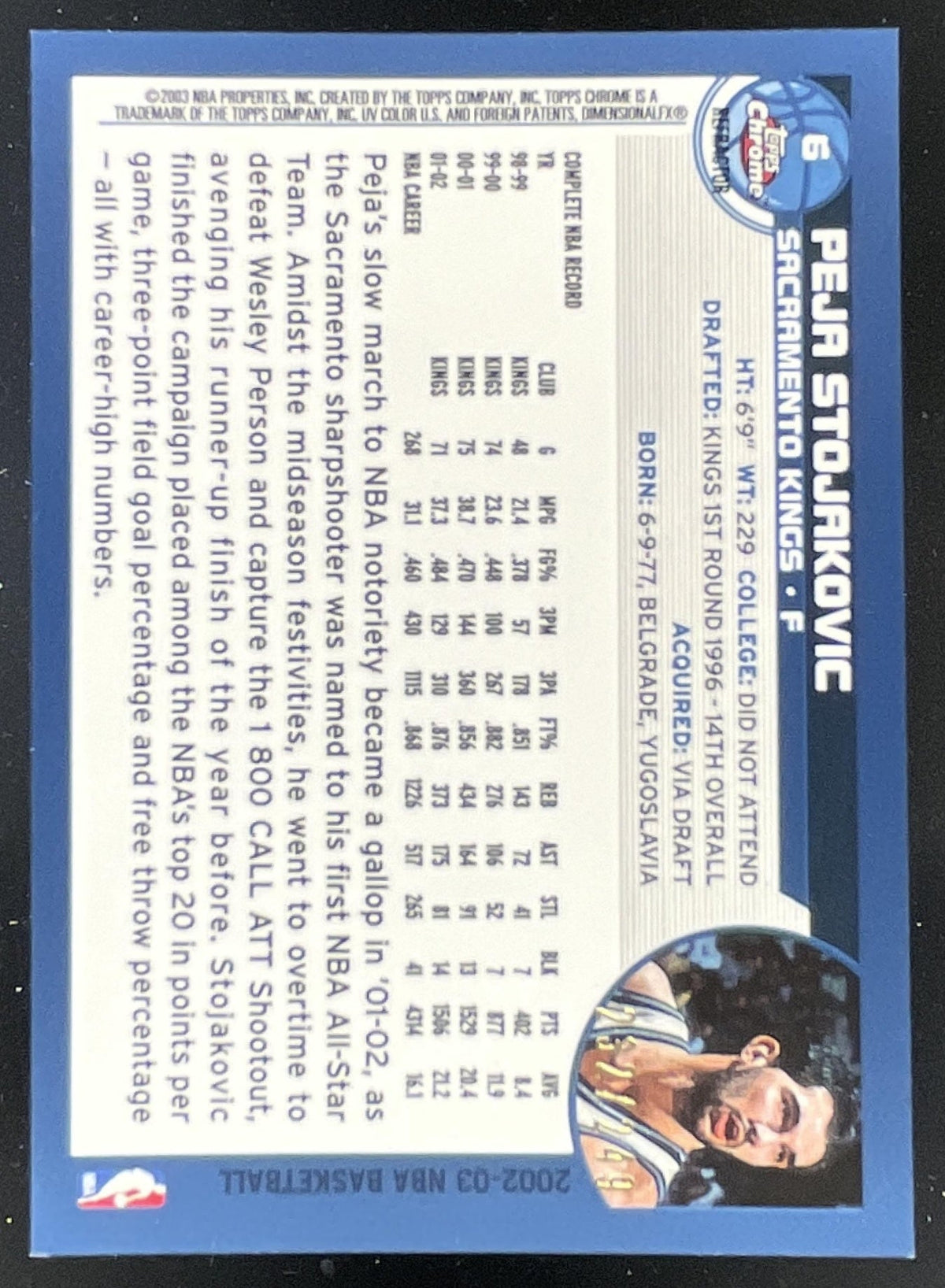 2002-03 Topps Chrome Refractors White Border #6 Peja Stojakovic /249 product image 2, provided for visual reference and