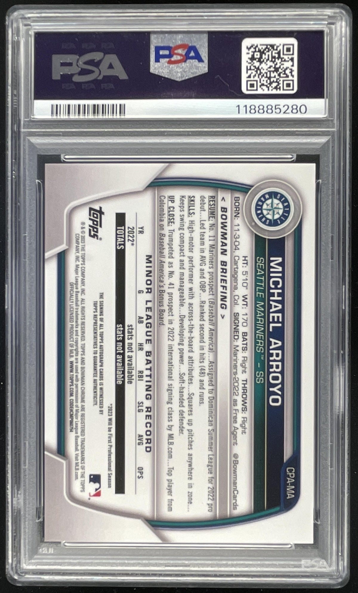 2023 Bowman Chrome Prospect Speckle #CPA-MA Michael Arroyo RC Auto /299 PSA 9 product image 2, provided for visual reference
