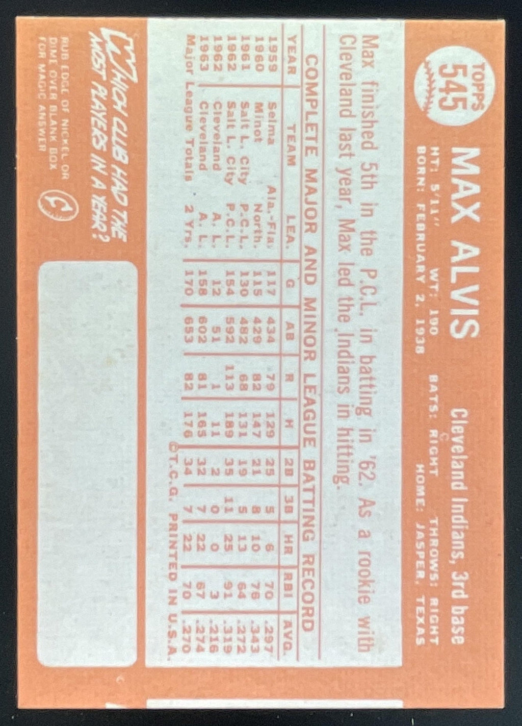 1964 Topps #545 Max Alvis product image 2, provided for visual reference and product detail review