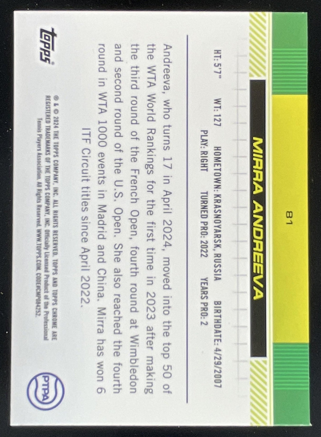 2024 Topps Chrome Sapphire #81 Mirra Andreeva RC product image 2, provided for visual reference and product detail review