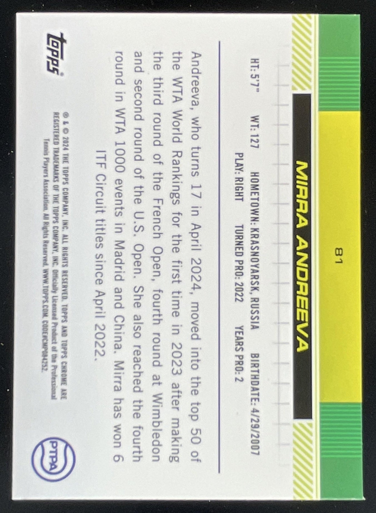 2024 Topps Chrome Sapphire #81 Mirra Andreeva RC product image 2, provided for visual reference and product detail review