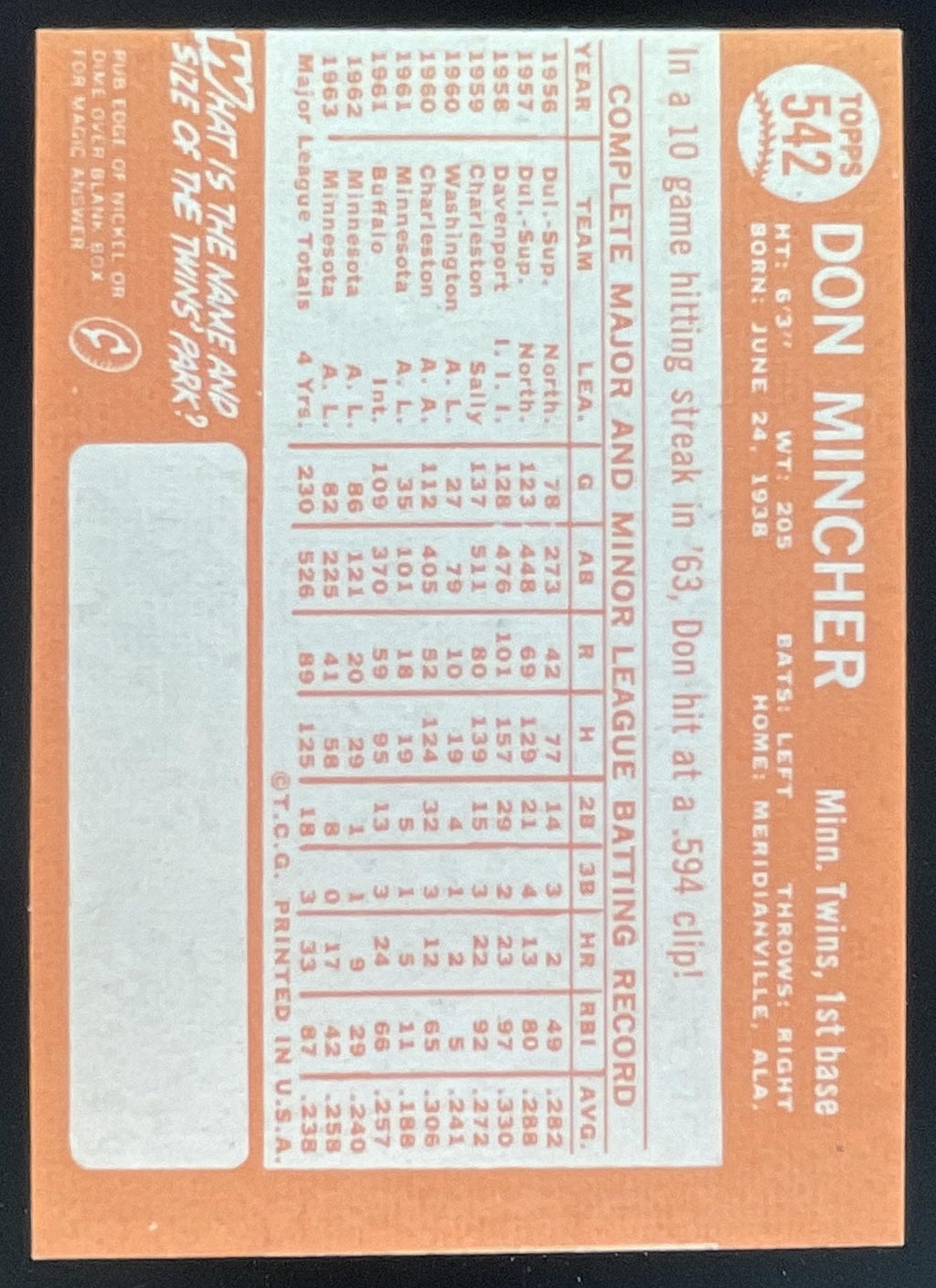 1964 Topps #542 Don Mincher product image 2, provided for visual reference and product detail review