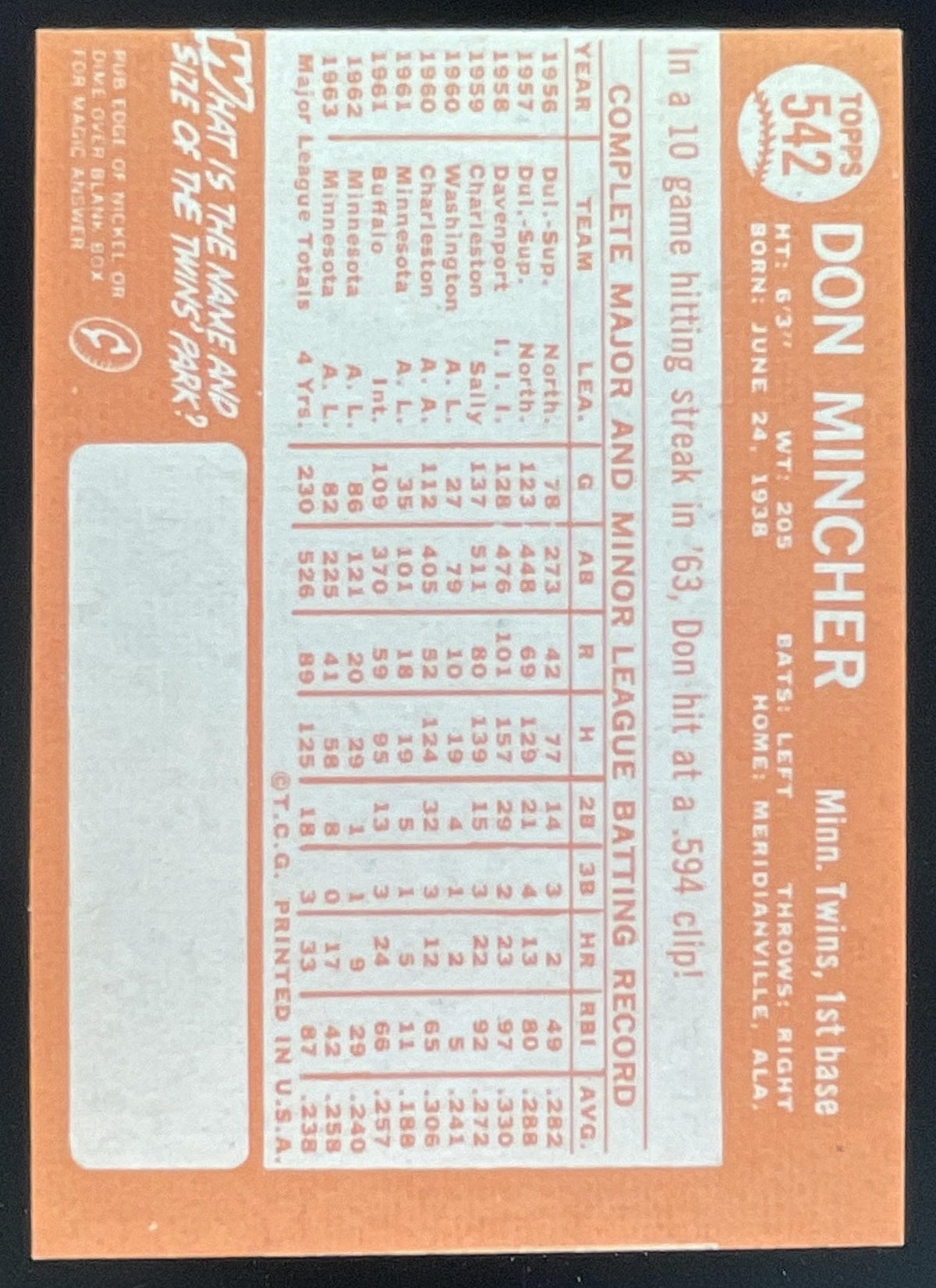 1964 Topps #542 Don Mincher product image 2, provided for visual reference and product detail review