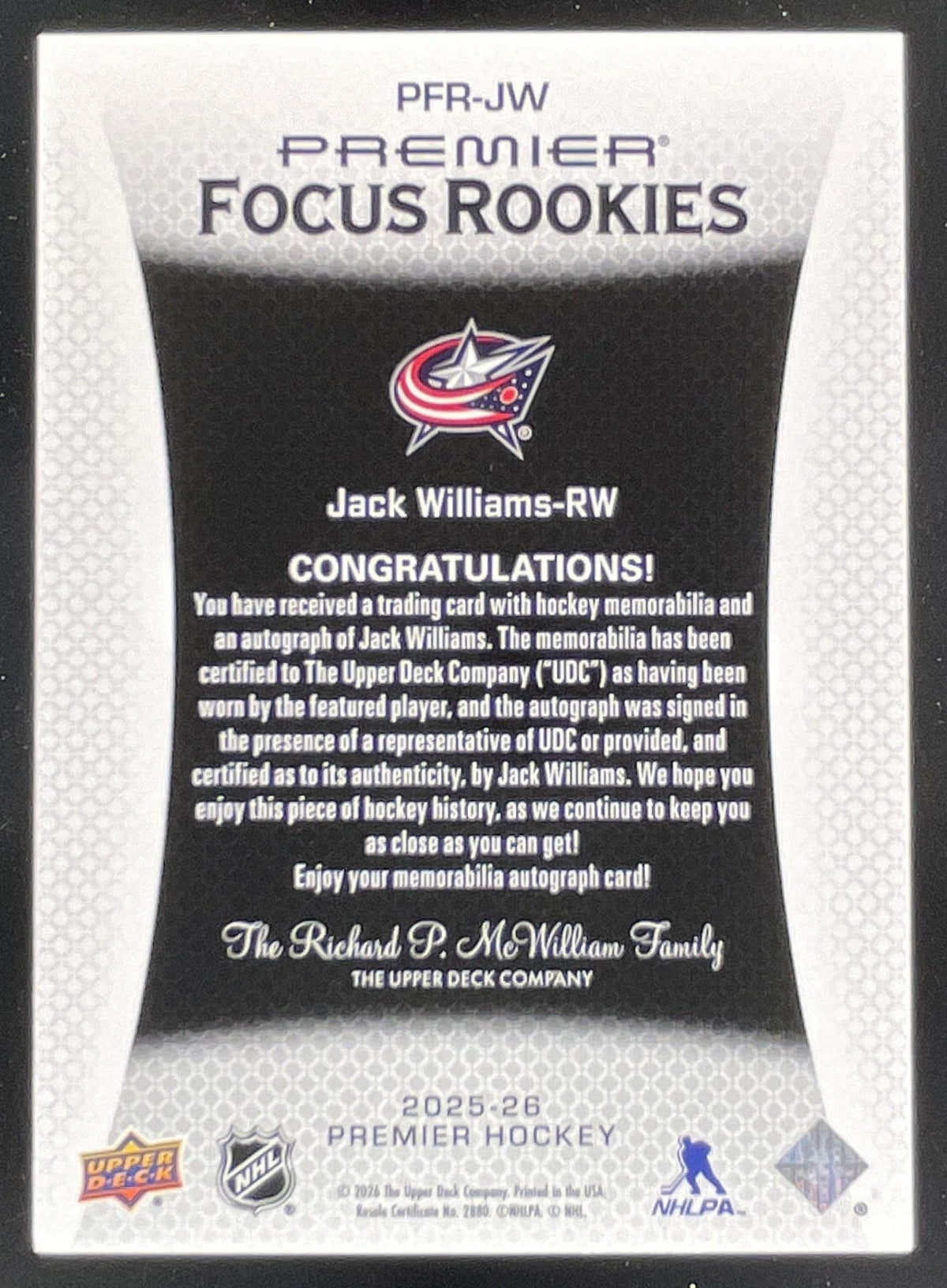 2025 UD Premier Focus Rookies Auto Patch #PFR-JW Jack Williams RC Auto /99 product image 2, provided for visual reference