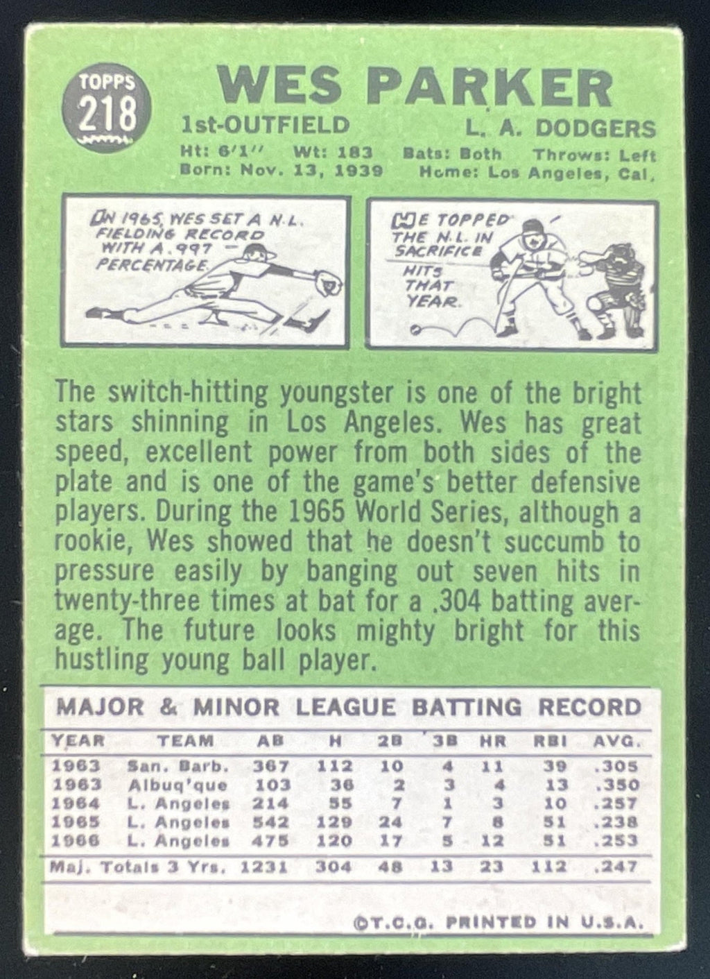 1967 Topps #218 Wes Parker product image 2, provided for visual reference and product detail review