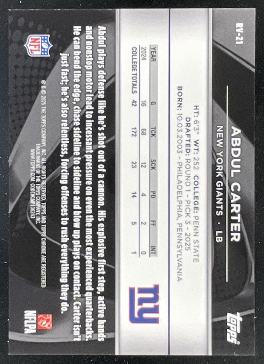 2025 Topps Chrome Black Rookie Design Variation White #RV-21 Abdul Carter RC /10 product image 2, provided for visual